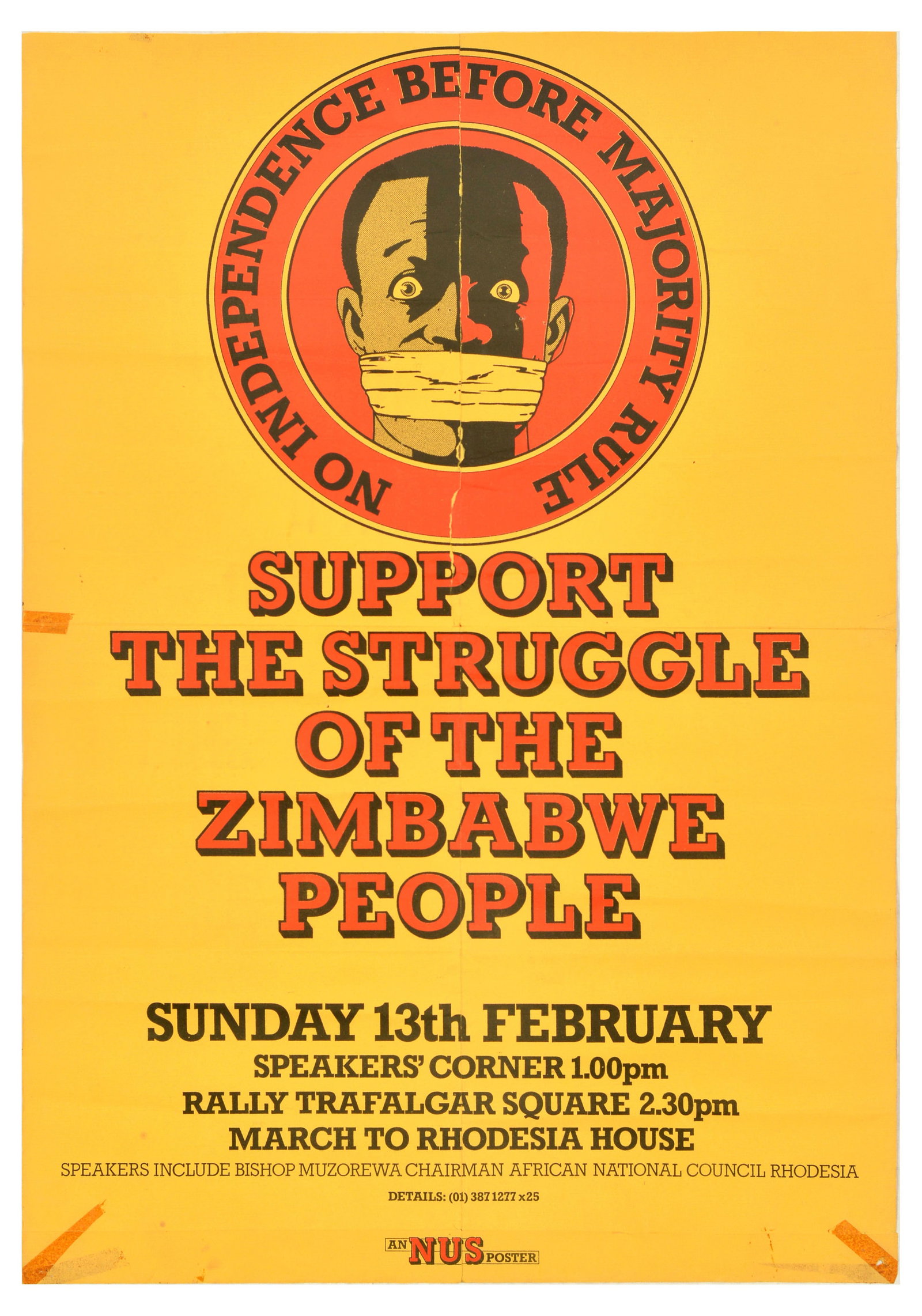 Propaganda Poster Zimbabwe Independence Struggle Africa: Original vintage propaganda poster Support The Struggle of the Zimbabwe People - On Independence Before Majority Rule - featuring an illustration of a man with tied mouth, details below for meeting at