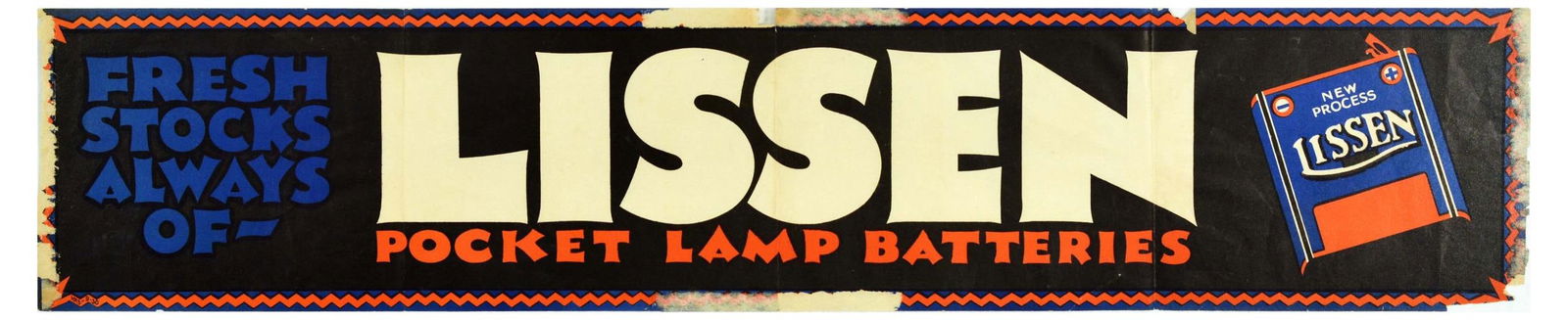 Advertising Poster Lissen Pocket Lamp Battery Art Deco: Original vintage advertising poster for Lissen - Fresh stocks always of Lissen pocket lamp batteries - featuring an illustration of a battery pack, blue, white and orange lettering over black backgrou