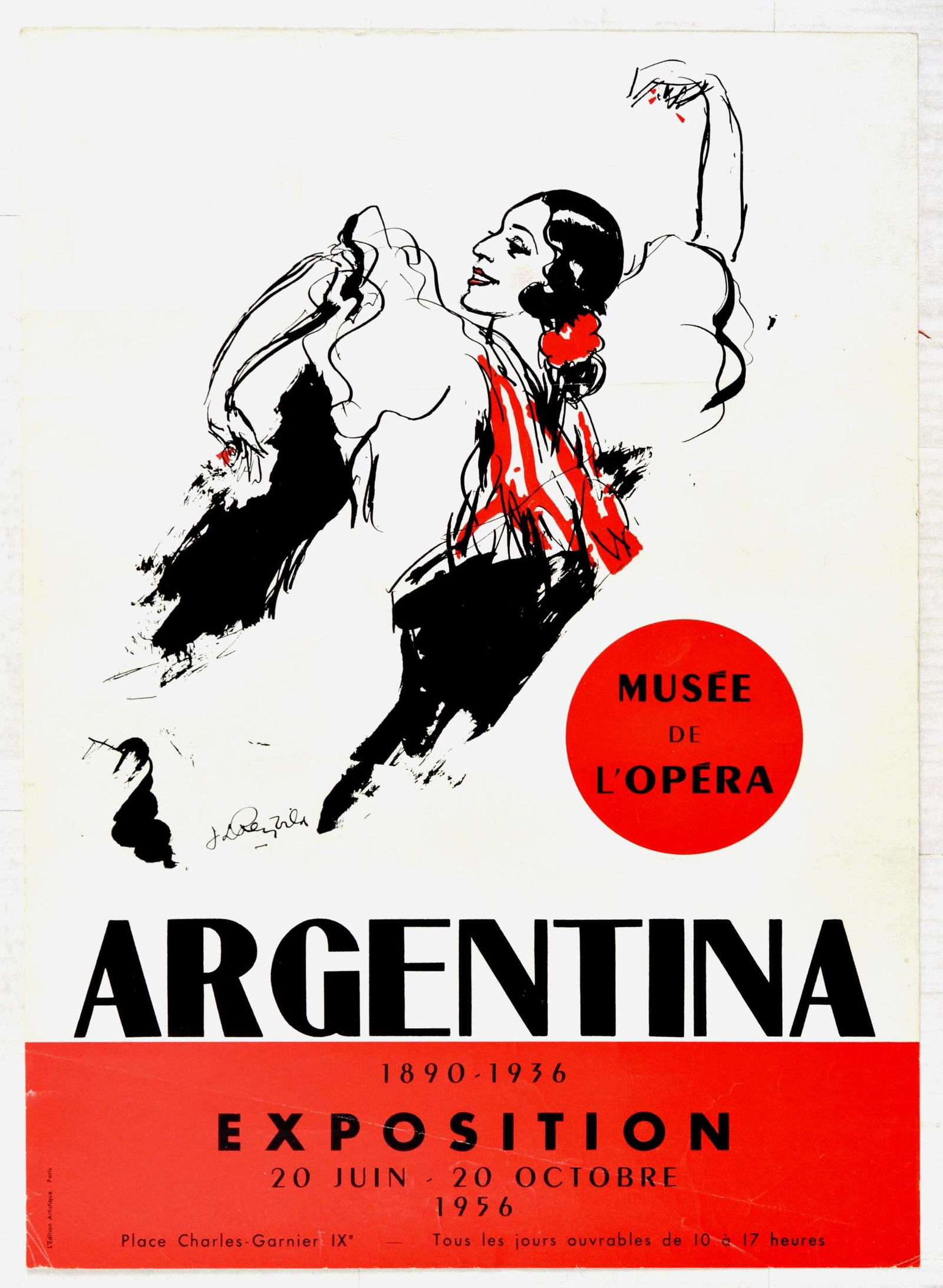 Advertising Poster Argentina Opera Museum Exhibition: Original vintage poster advertising an exhibition on Argentina Opera 1890-1936 at the Musee de L'Opera / Opera Museum that took place from 20 June to 20 October 1956 - Great illustration of a lady fla