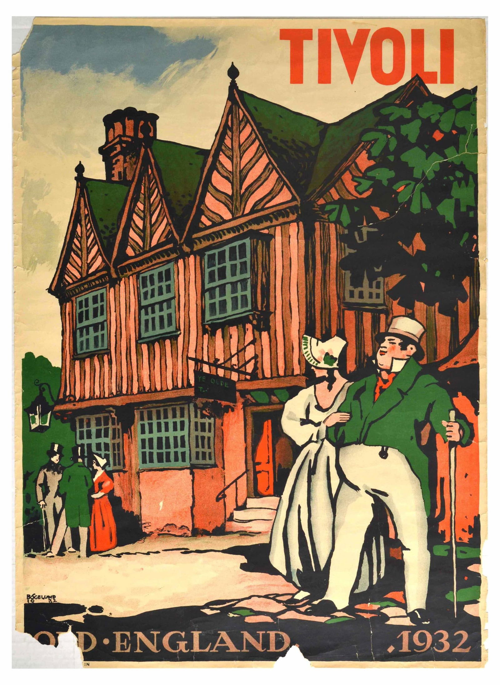 Advertising Poster Tivoli Park Old England Copenhagen: Original vintage travel poster for world's second oldest amusement park - Tivoli - featuring a fantastic illustration of a couple - man dressed in green jacket and white trousers holding a cane with l