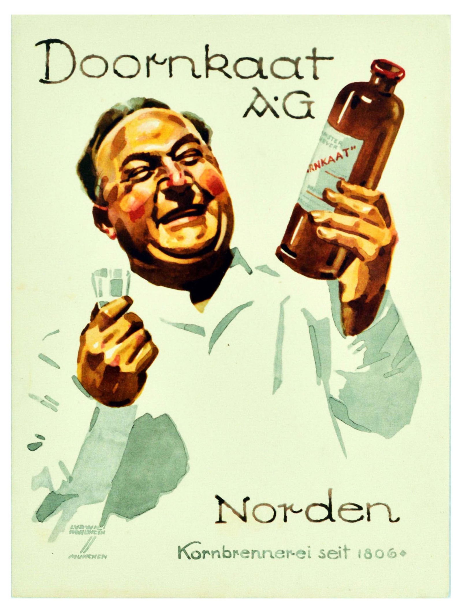 Advertising Poster Doornkaat Norden Gin Ludwig Hohlwein: Original vintage advertising poster for Doornkaat AG Norden gin, brewed in the Doornkaat grain distillery in Norden, East Friesland Germany since 1806. The artwork by Ludwig Hohlwein (1874 - 1949) sho