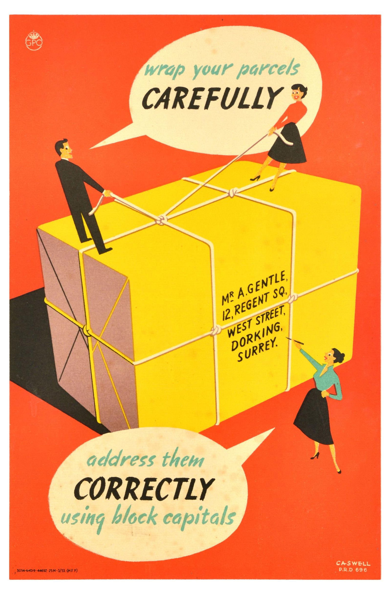 Advertising Poster Wrap Parcels GPO Midcentury Modern: Original vintage GPO General Post Office advertising poster - Wrap your parcels carefully. Address them correctly using block capitals - featuring an illustration of a large parcel, with a lady and ge