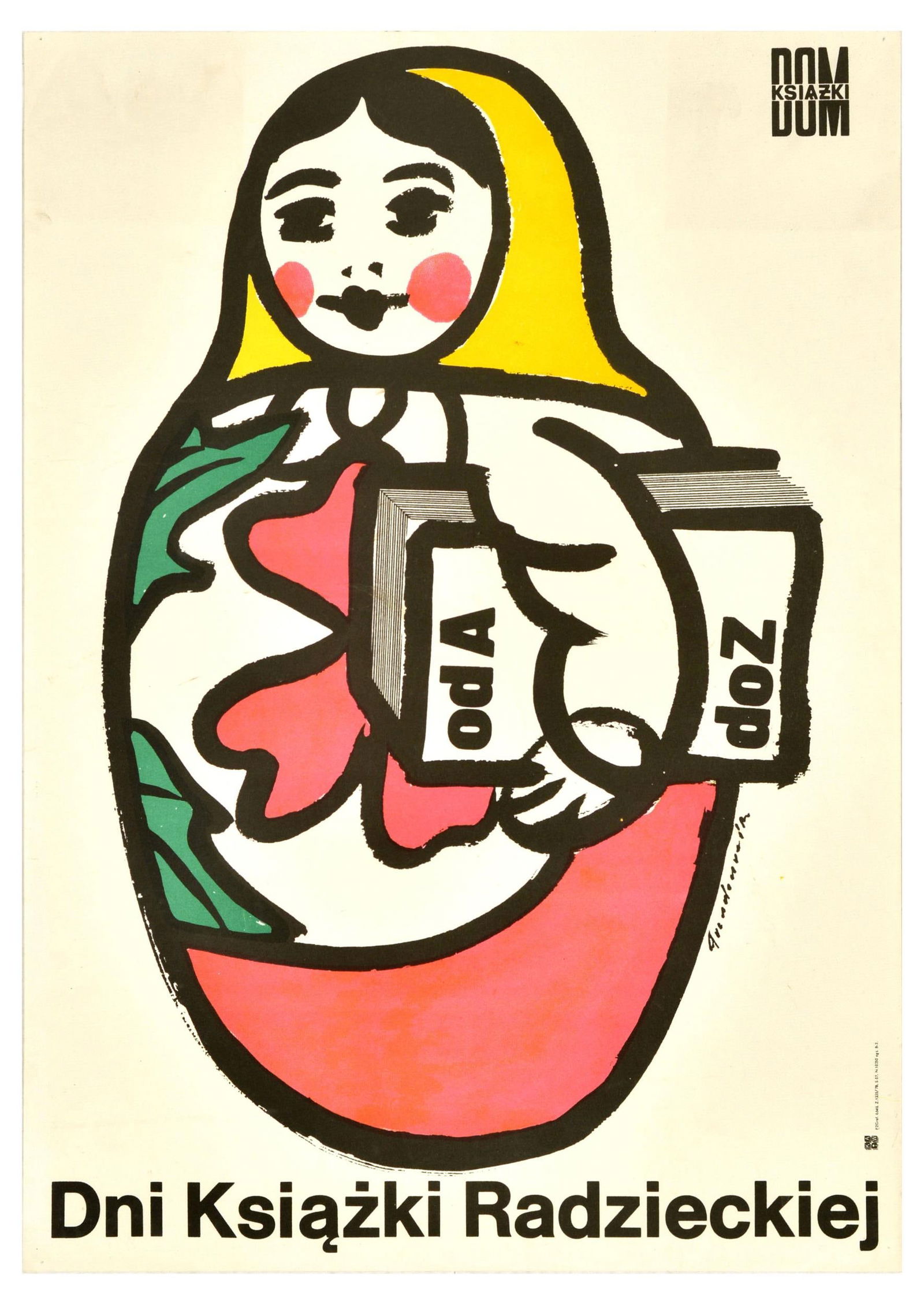Advertising Poster Soviet Book Days Matryoshka Doll Dom Ksiazki Poland: Original vintage advertising poster for Dom Ksiazki Polish bookshop - Days of the Soviet book / Dni Ksiazki Radzieckiej - featuring an illustration of a Russian Matryoshka nesting doll in a yellow hea
