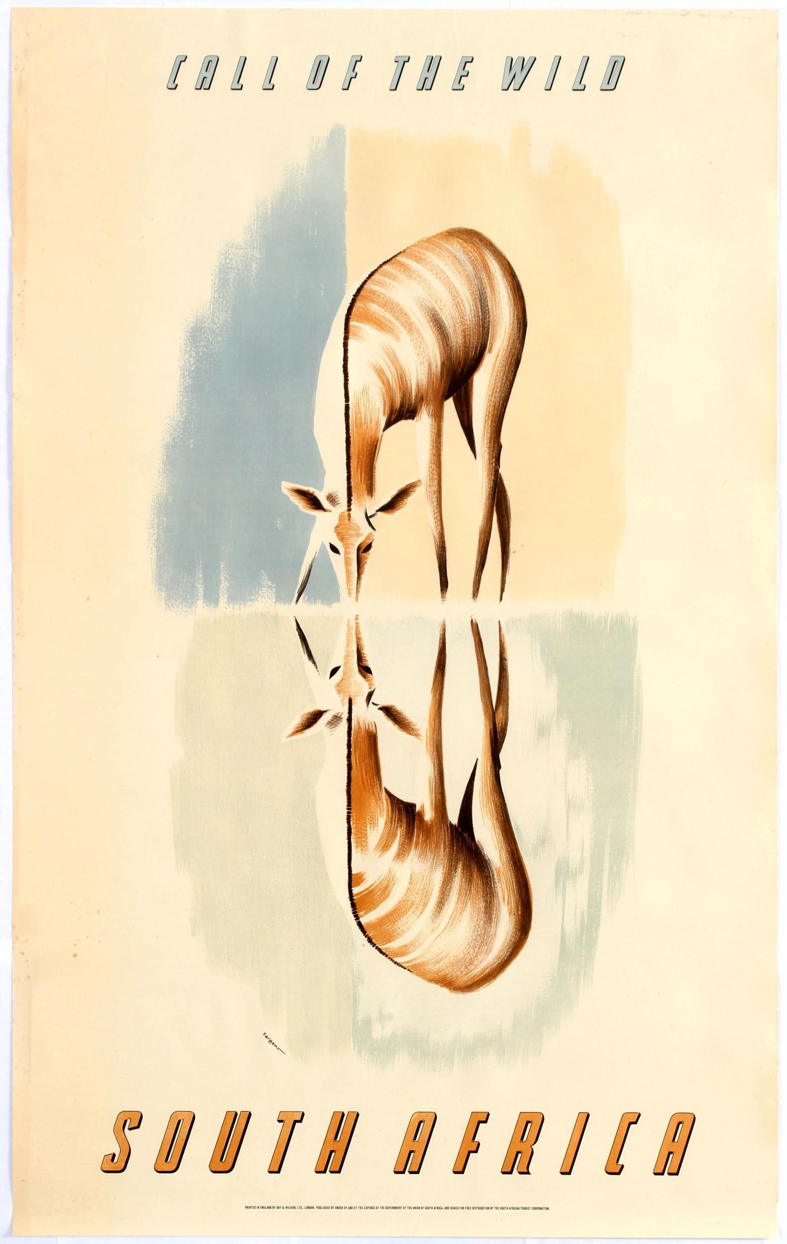 Travel Poster South Africa Call Of The Wild: Original vintage travel advertising poster South Africa Call The Wild. Stunning stylised illustration of a gazelle drinking with its image reflected in the still water below. Published by order of and