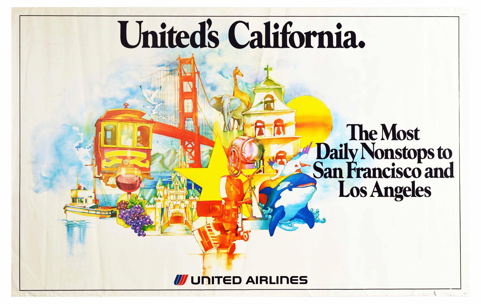 Travel Poster United Airlines California San Francisco: Original vintage travel poster for California issued by United Airlines - United's California. The Most Daily Nonstops to San Francisco and Los Angeles. Colourful collage image depicting the tourist a