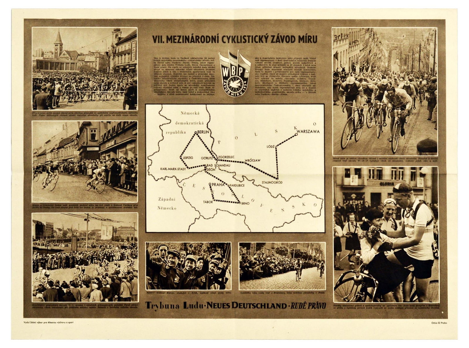 Sport Poster Peace Cycling Race Bicycle Zavod Miru 1954: Original vintage sport poster for the Peace Race / Zavod Miru 1954, an annual multiple stage bicycle race held in Czechoslovakia, Germany, and Poland, connecting Prague - Tabor - Brno - Pardubice - De