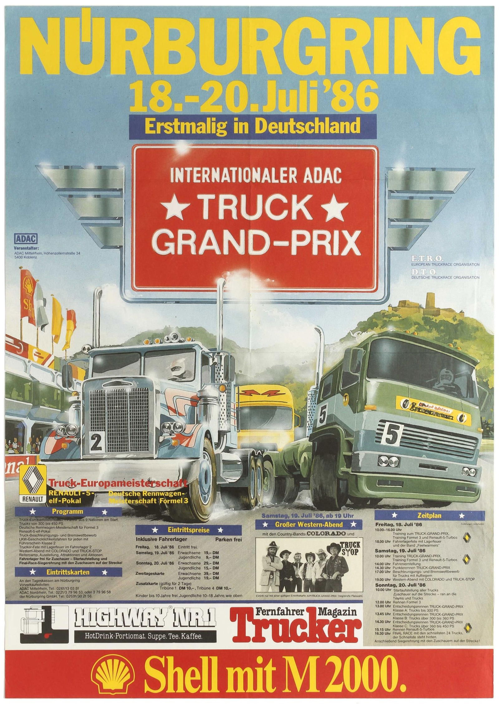 Sport Poster Nurburgring Truck Grand Prix ADAC Racing: Original vintage motorsport advertising poster for the for the first Nurburgring Truck Grand Prix held from 18-20 July, 1986. Nurburgring, a motorsports complex located in the town of Nurburg, Rhinela