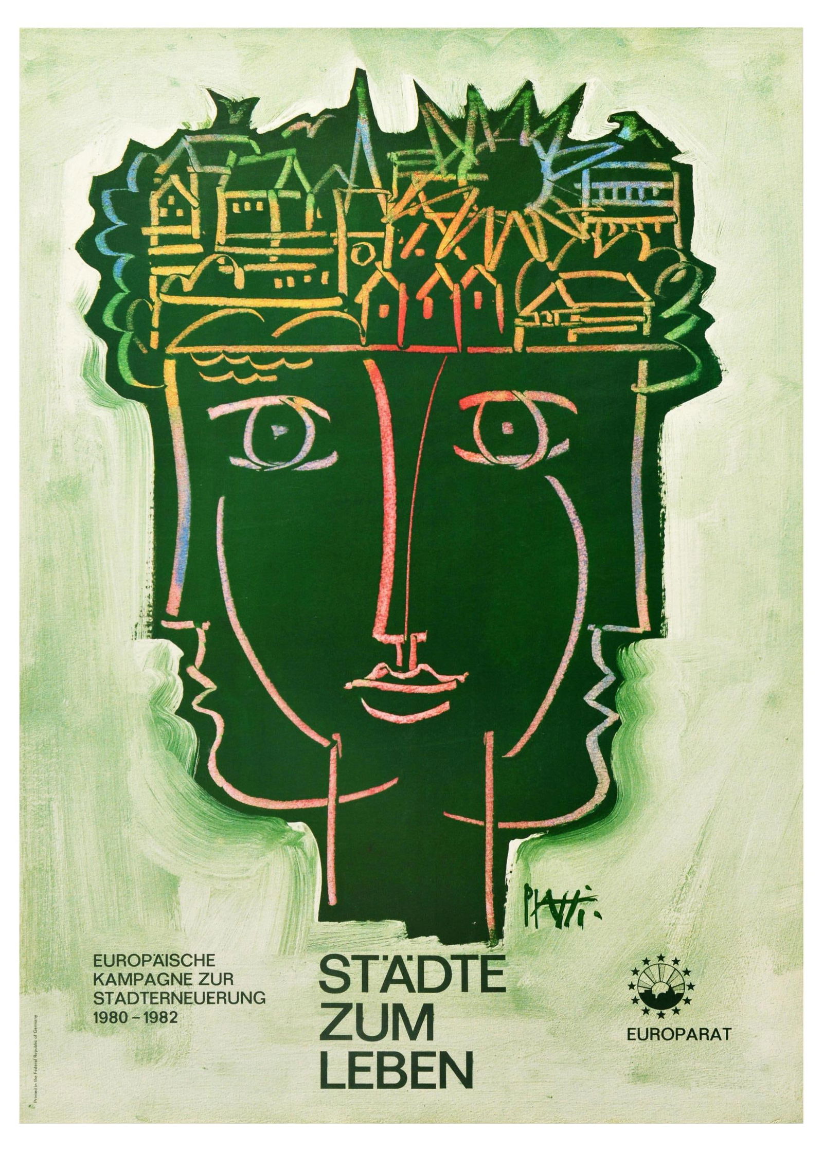 Propaganda Poster Urban Renewal Campaign Germany Piatti: Original vintage propaganda poster for 'Cities to Life' European Urban Renewal Campaign 1980-1982 / Europaische Kampagne Zur Stadterneuerung 'Stadte Zum Leben' - featuring an illustration of three fac
