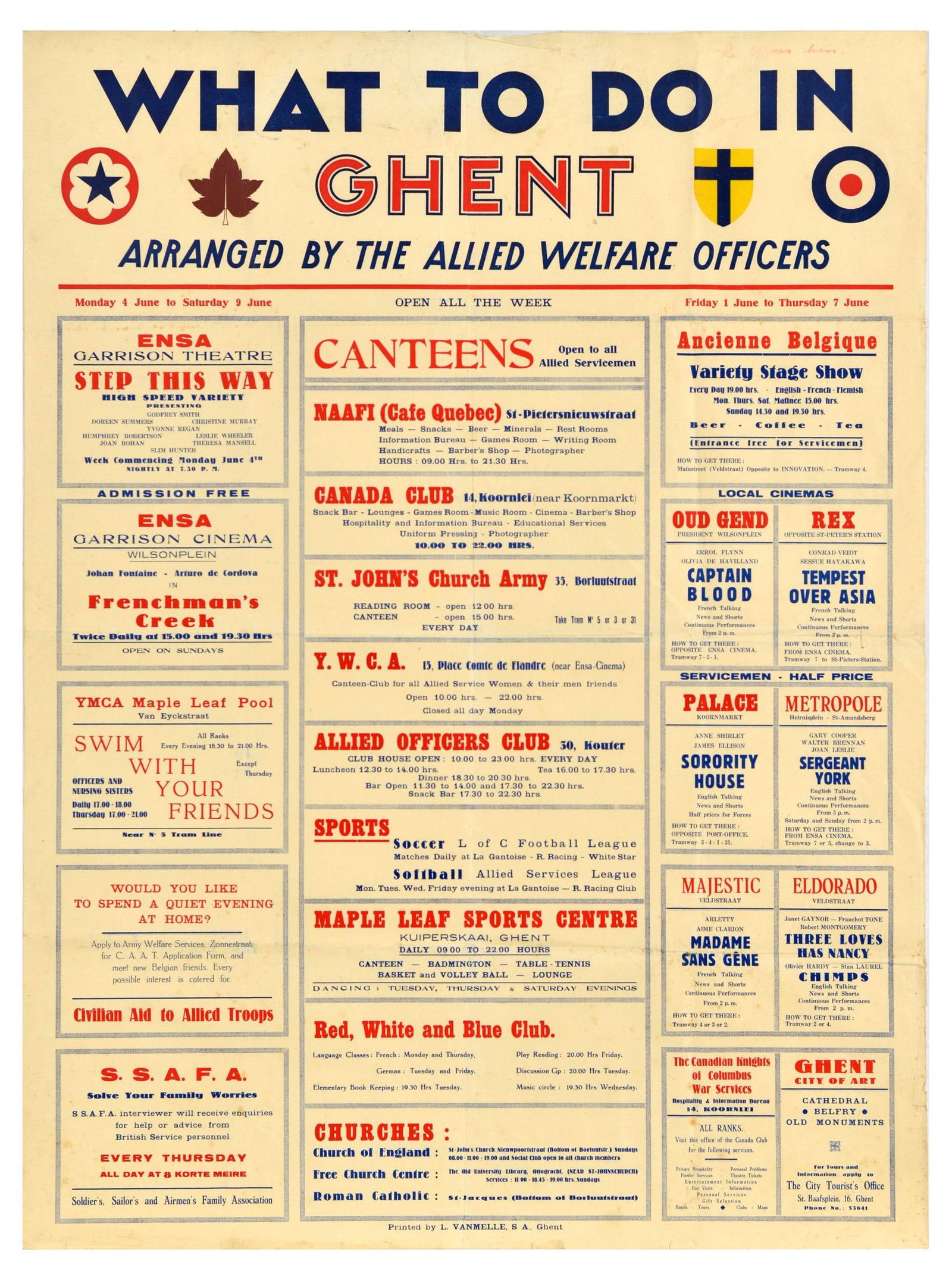 War Poster Ghent Events Allied Welfare Officers WWII: Original vintage poster - What to do in Ghent. Arranged by the Allied Welfare Officers - advertising theatre and cinema shows, canteen addresses and working hours, sports clubs, and church services an
