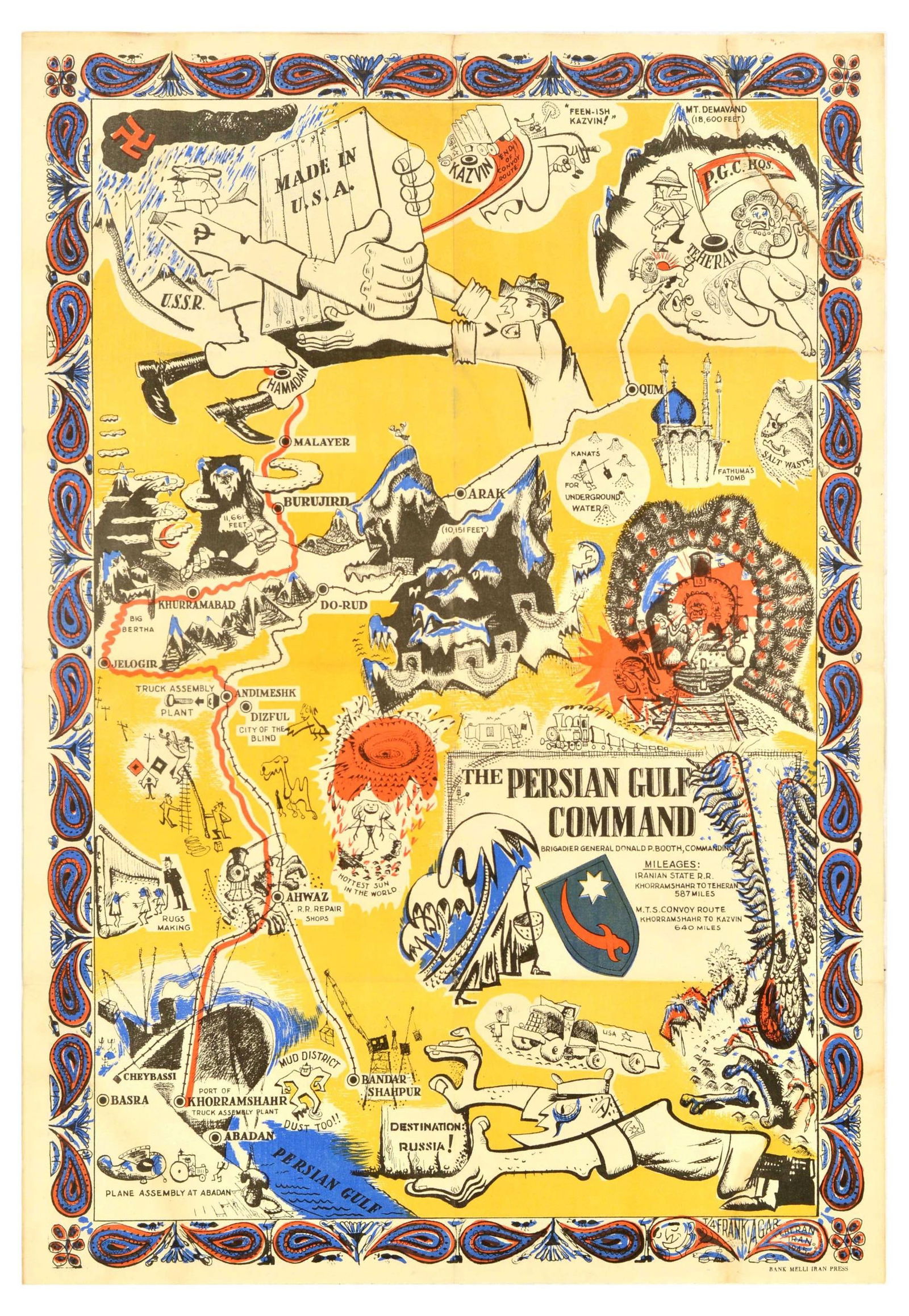 War Poster Persian Gulf Command USA USSR Iran WWII: Rare original vintage World War Two poster The Persian Gulf Command Brigadier General Donald P. Booth, featuring a pictorial map with illustrations depicting a Soviet soldier looking over his shoulder