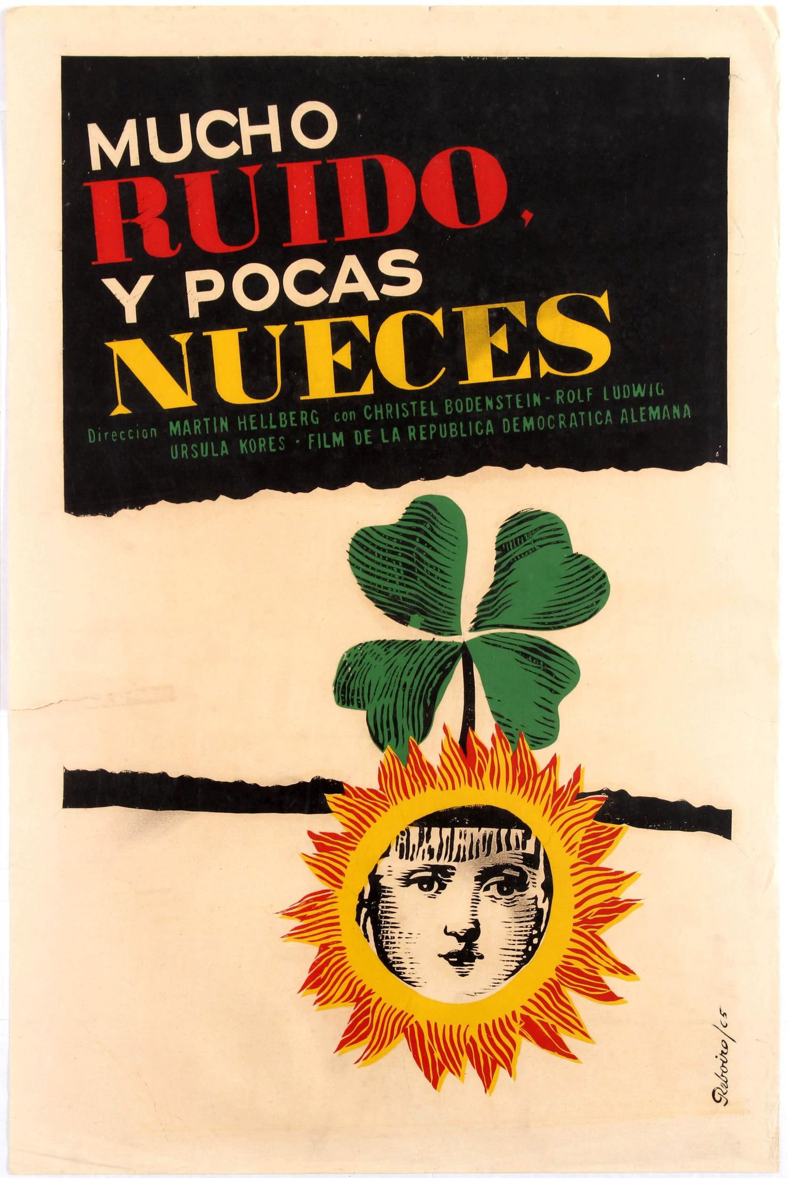 Movie Poster Cuba Mucho Ruido Y Pocas Nueces Reboiro: Original vintage movie poster for Cuban release of German film Mucho Ruido Y Pocas Nueces directed by Martin Hellberg starring Christell Bodenstein, Rolf Ludwig and Ursula Kores. Silkscreen illustrati