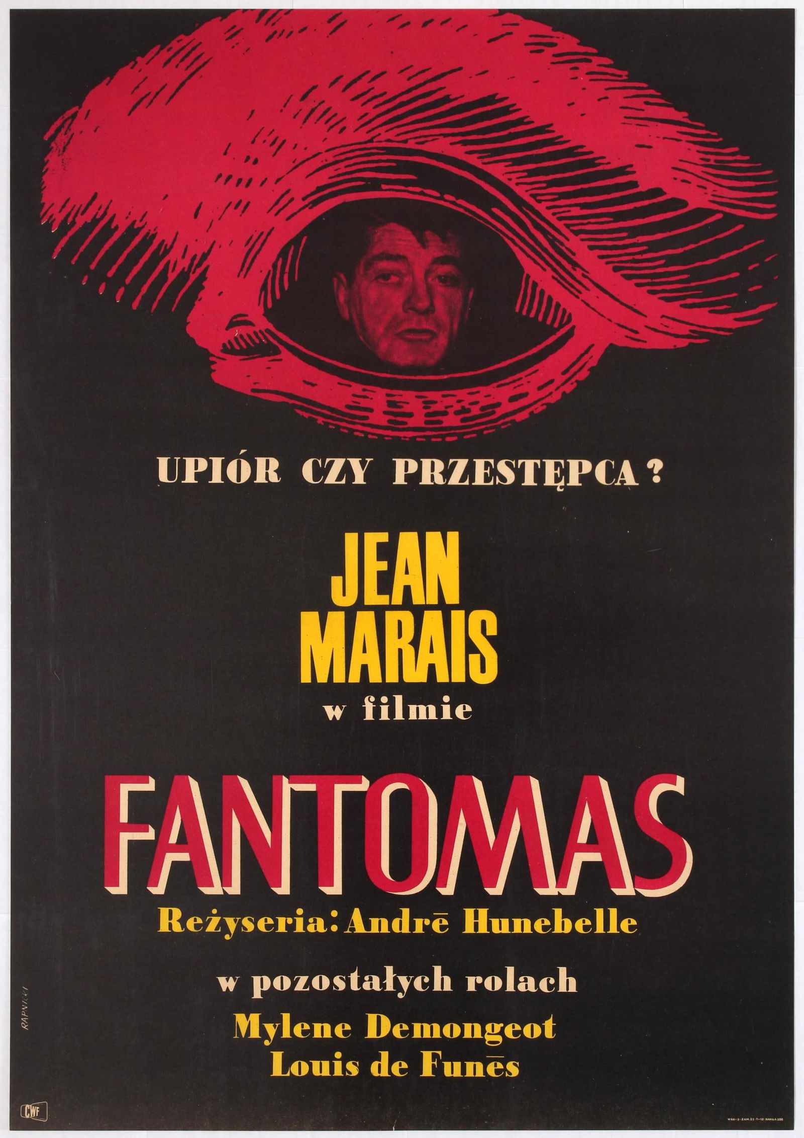 Movie Poster Poland Fantomas France Comedy Action Louis de Funes: Original vintage Polish Movie Poster for the French film Fantomas. Directed by Andre Hunebelle. Starring Jean Marais, Mylene Demongeot, Louis de Funes. Country: Poland. Year: 1967. Artist: Rapnicki. S