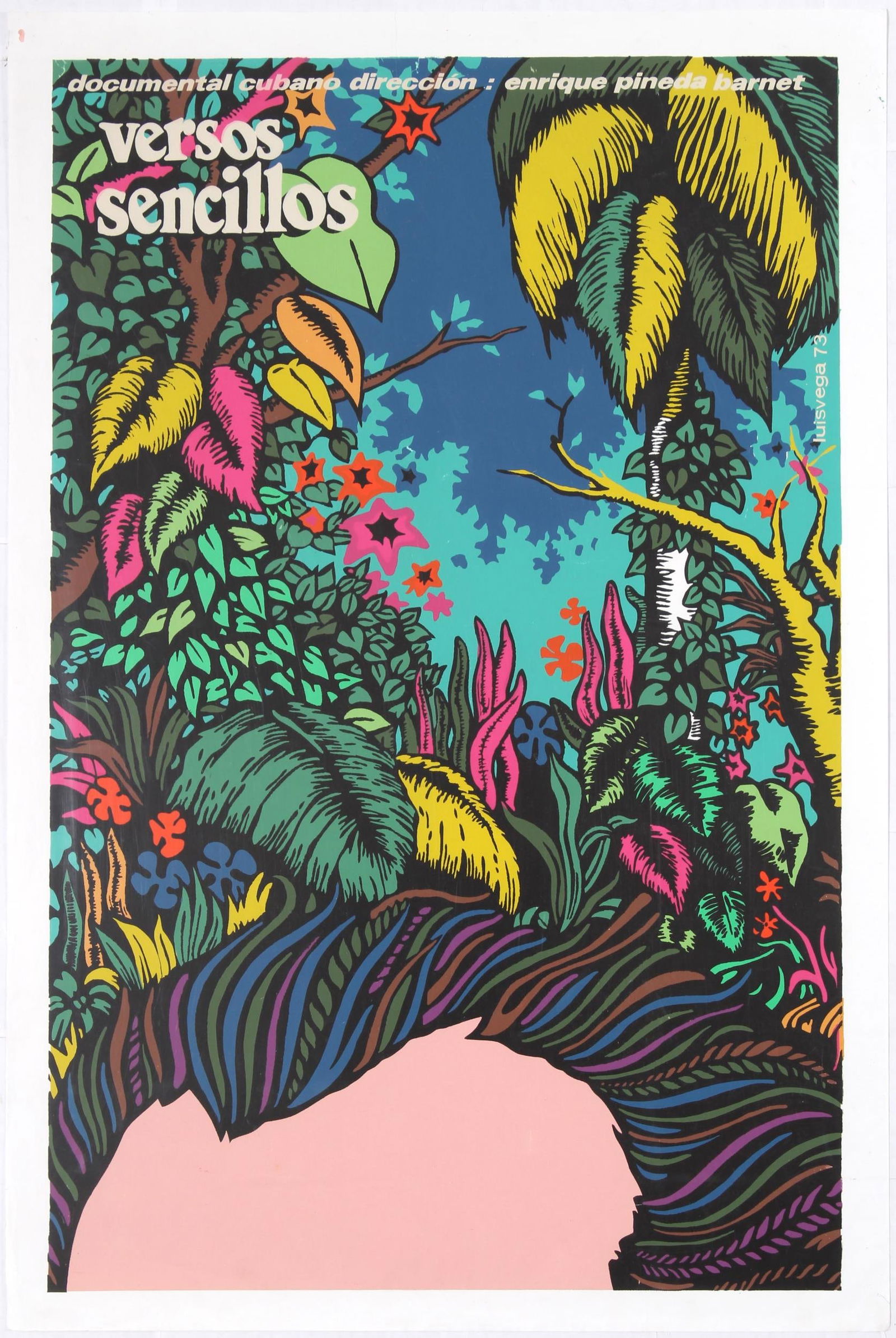 Movie Poster Cuba Versos Sencillos Pineda Vega: Original vintage movie poster for Cuban documentary Versos Sencillos directed by Enrique Pineda Barnet. Vivid colours silkscreen illustration. Good condition, creases on margins, tear on top margin. C