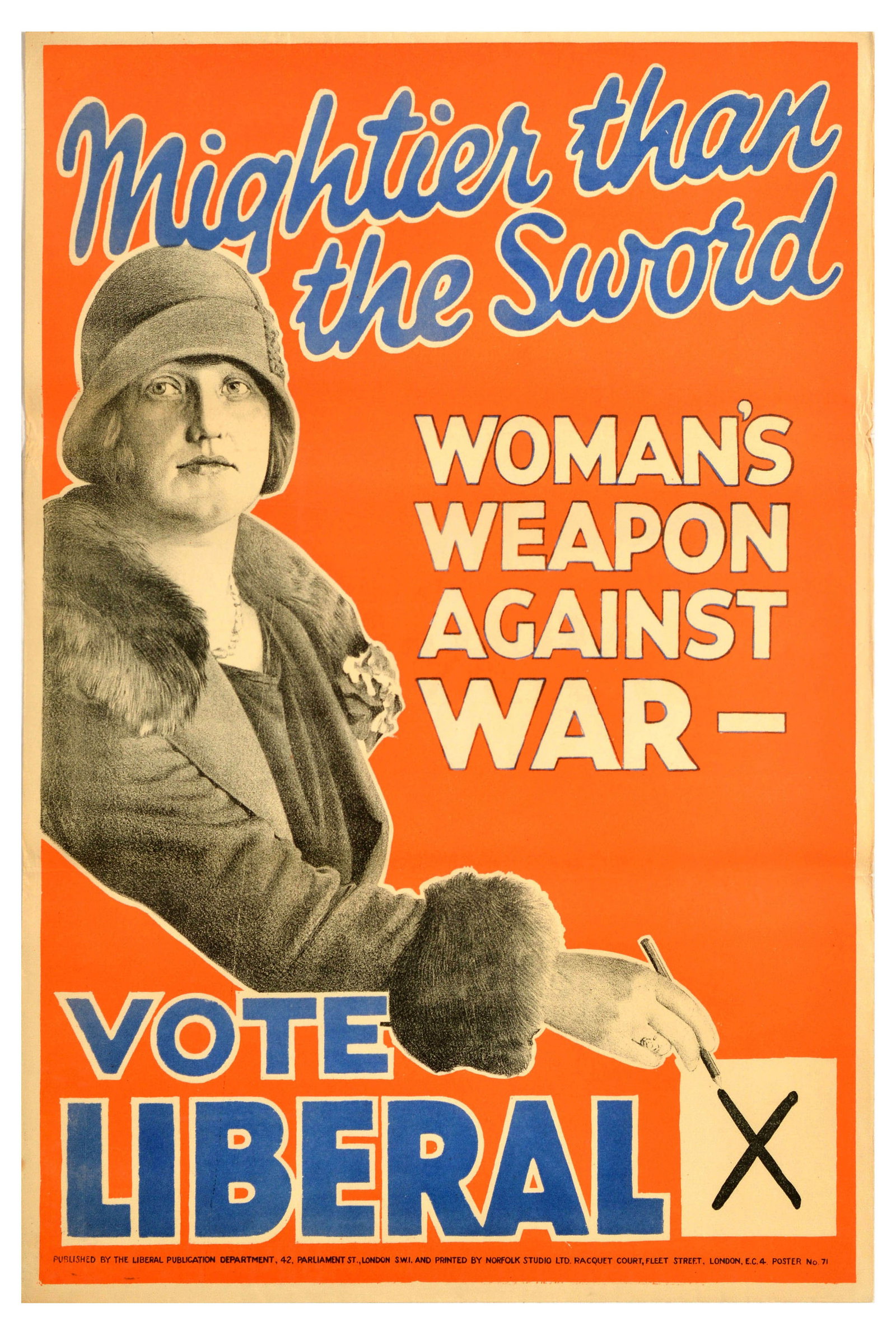 British Elections Poster Vote Liberal Party Woman's Weapon Against War: Original vintage political propaganda poster for the 1929 United Kingdom general election - Mightier than the Sword. Woman's weapon against war - Vote Liberal - featuring an illustration of an elegant