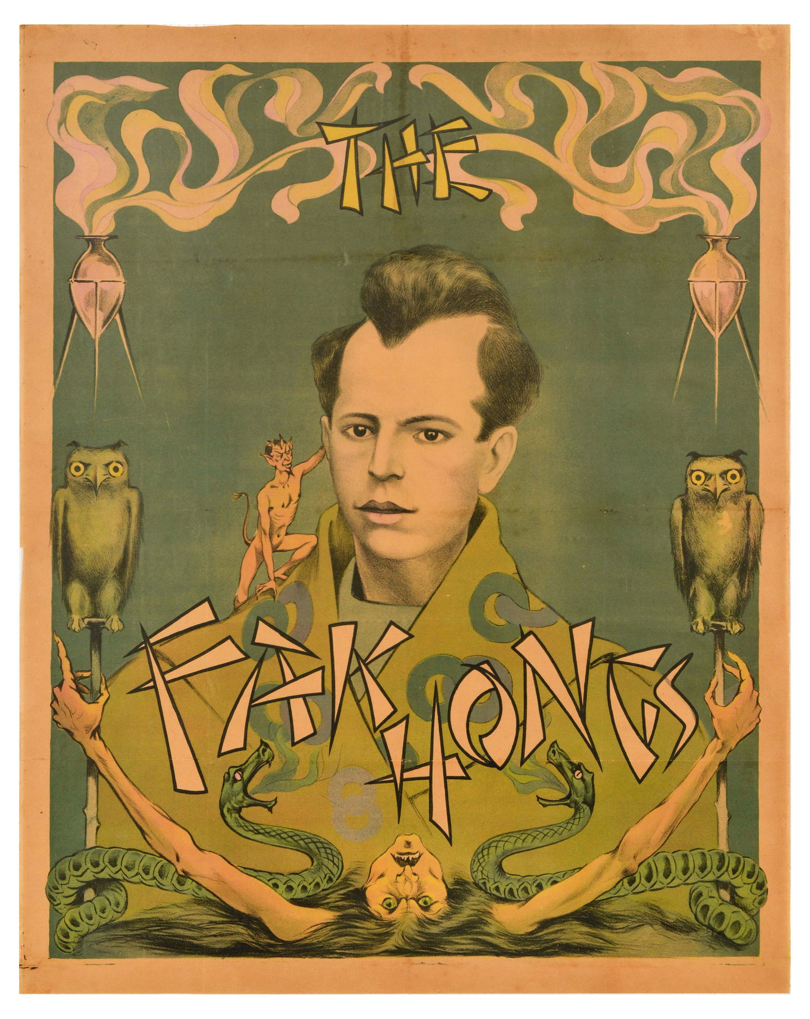 Advertising Poster The Fak Hongs Magician: Original vintage advertising poster for The Fak-Hongs Magicians - Design features a man with a devil on his shoulder alongside a pair of snakes and owls, small smoking cauldrons and a witch below with