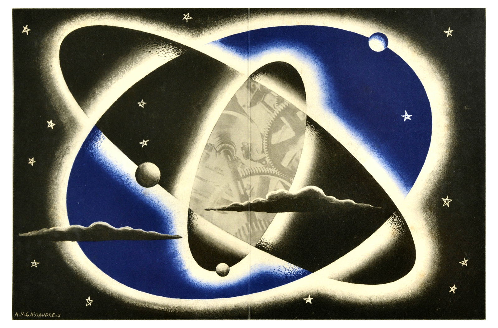 Advertising Poster Modernism Art Deco Cassandre Modern Jewelry: Original vintage double page poster with an illustration by the notable poster artist A.M. Cassandre (Adolphe Mouron Cassandre; 1901-1968) featuring a night sky starry space scene with planets orbitin