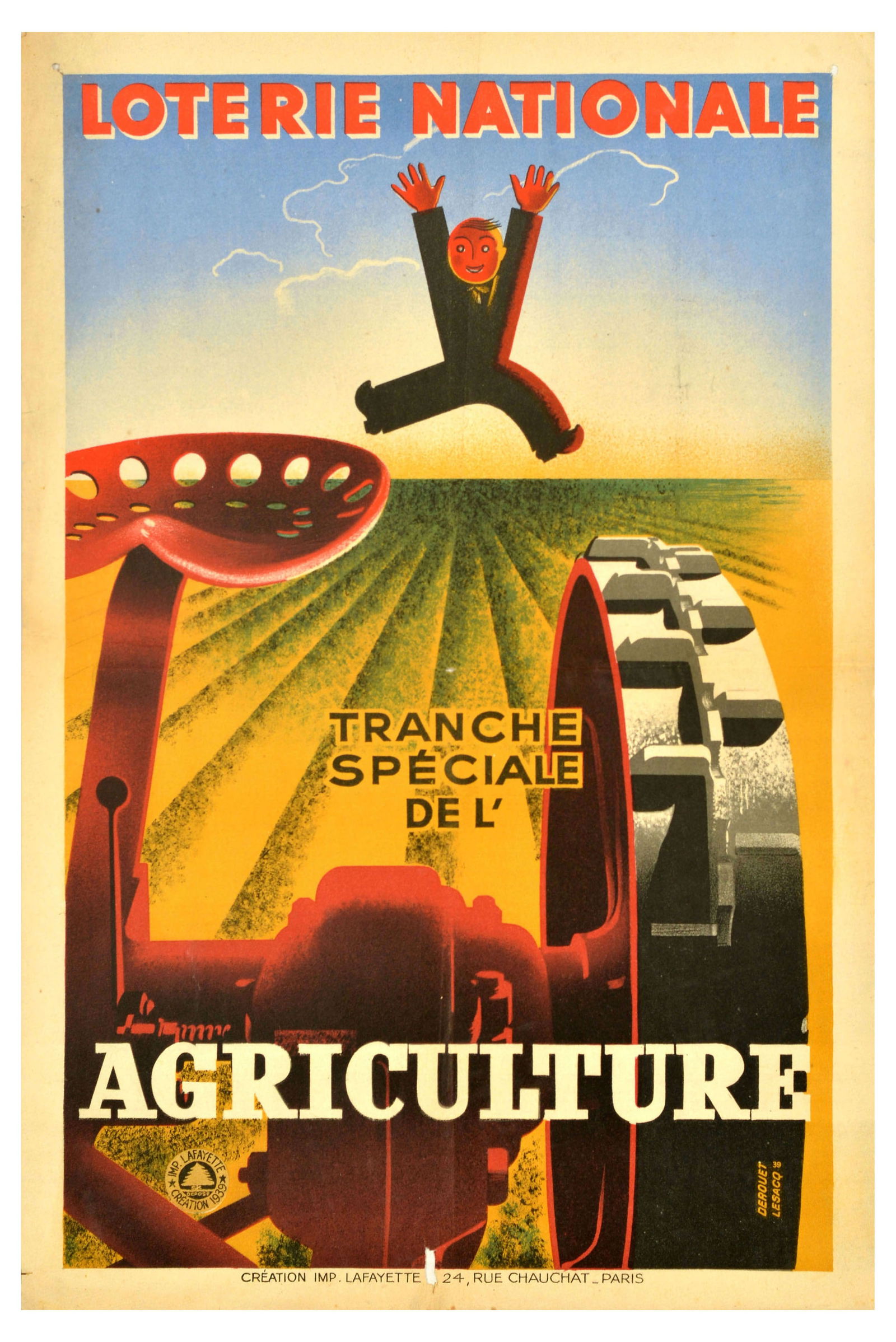 Advertising Poster Loterie Nationale Art Deco Agriculture: Original vintage poster for the French National Lottery - Loterie Nationale Tranche Speciale de l' Agriculture - Design by Edgar Derouet (1910-2001) and Charles Lesacq (1909-1940) features a smiling f