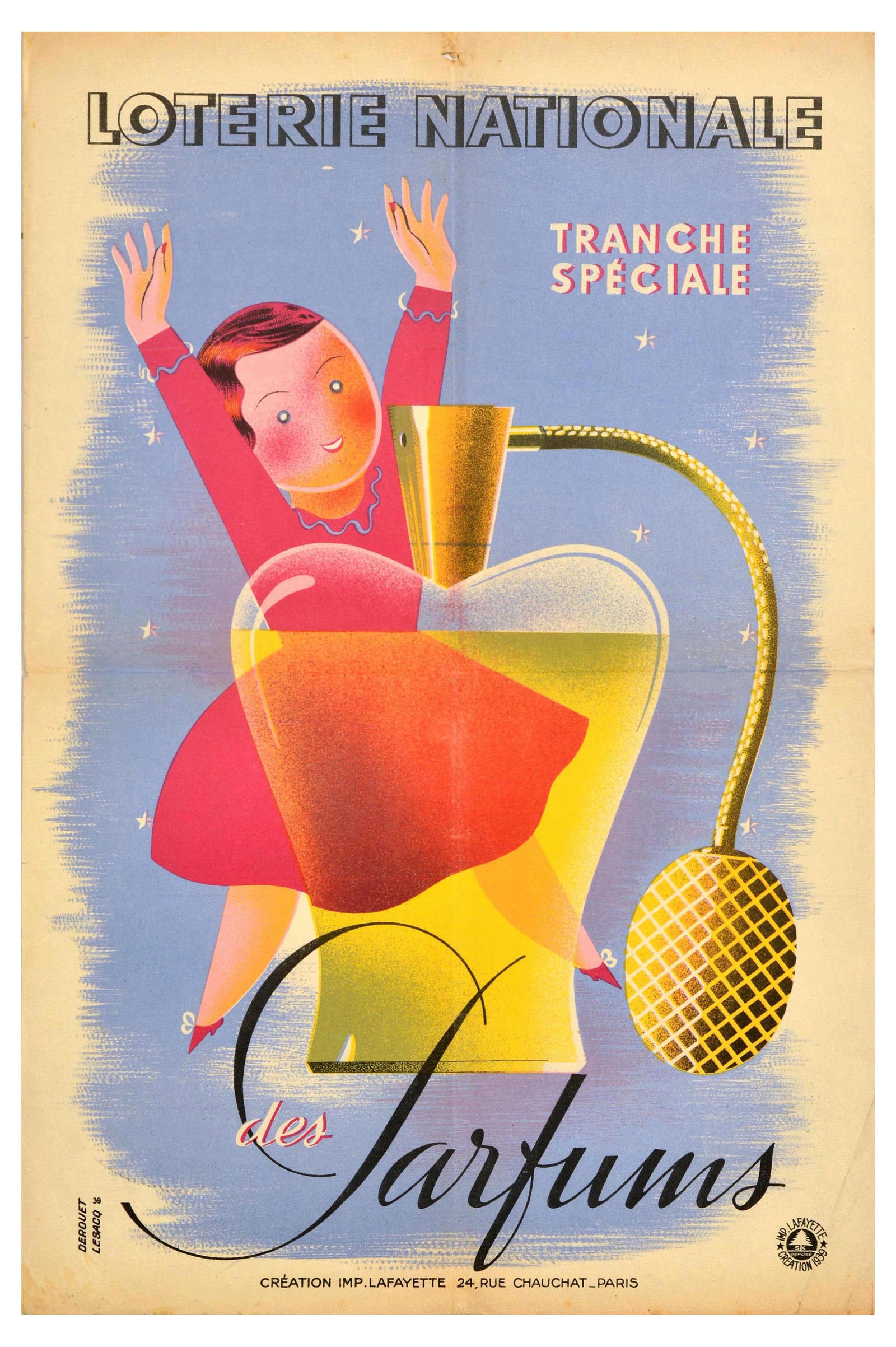 Advertising Poster Loterie Nationale Perfume Art Deco Lottery Derouet Lesacq: Original vintage poster for the French National Lottery / Loterie Nationale - Tranche Speciale des Parfums - Design by Edgar Derouet (1910-2001) and Charles Lesacq (1909-1940) features a smiling lady 