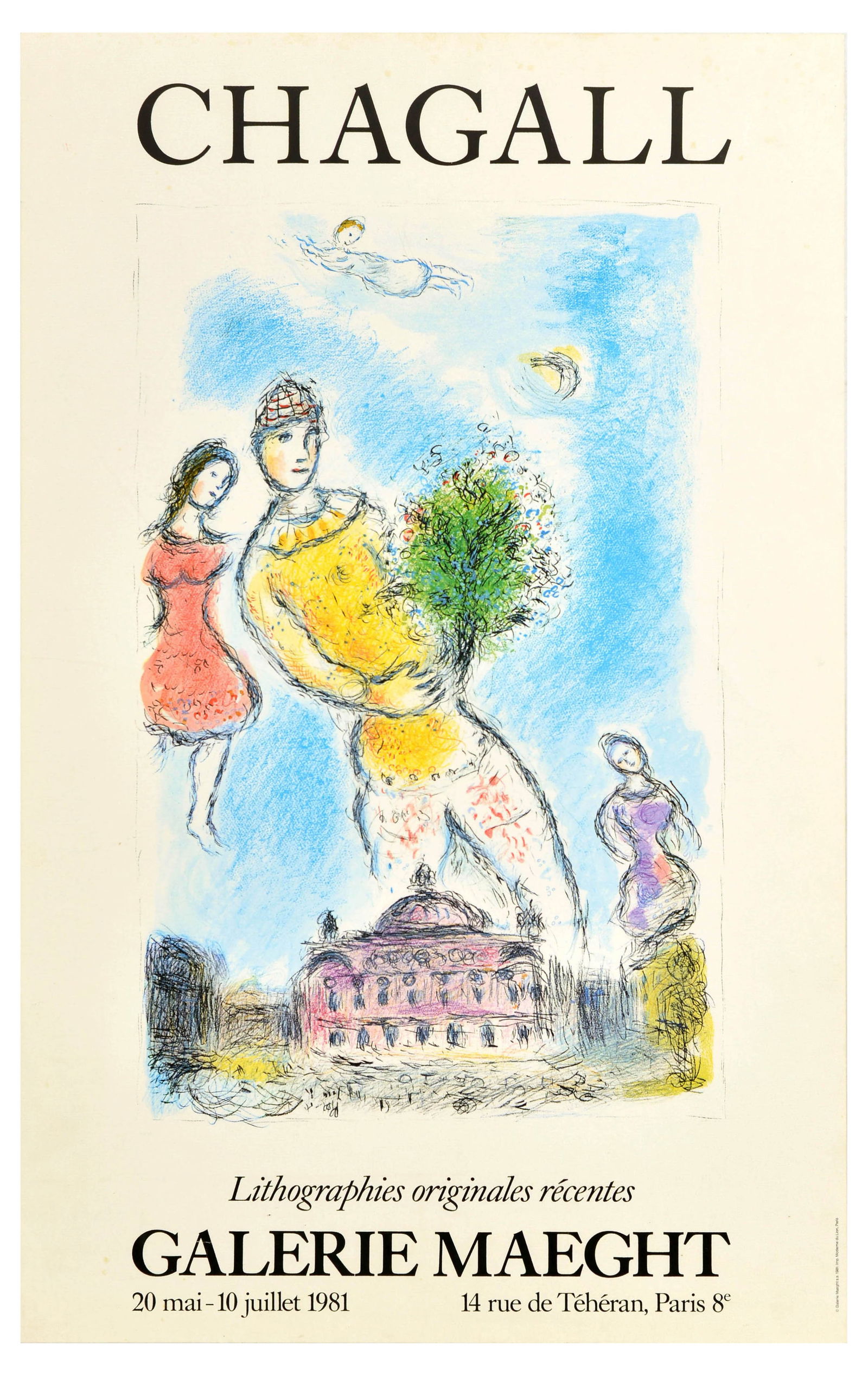 Advertising Poster Marc Chagall Lithographs Galerie Maeght: Original vintage advertising poster for Marc Chagall Recent original lithographs / Lithographies originales recentes exhibition at Galerie Maeght from 20 May to 10 July 1981, featuring an illustration