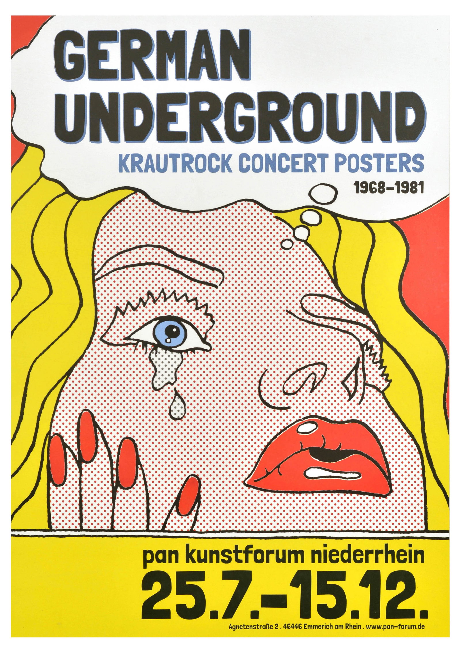 Advertising Poster Set German Underground Krautrock Concert Pop Art: Advertising poster and postcards for German Underground Krautrock Concert Posters 1968-1981 at Pan Kunstforum Niederrhein featuring a Ben-Day dotted comic style illustration of a crying lady with red