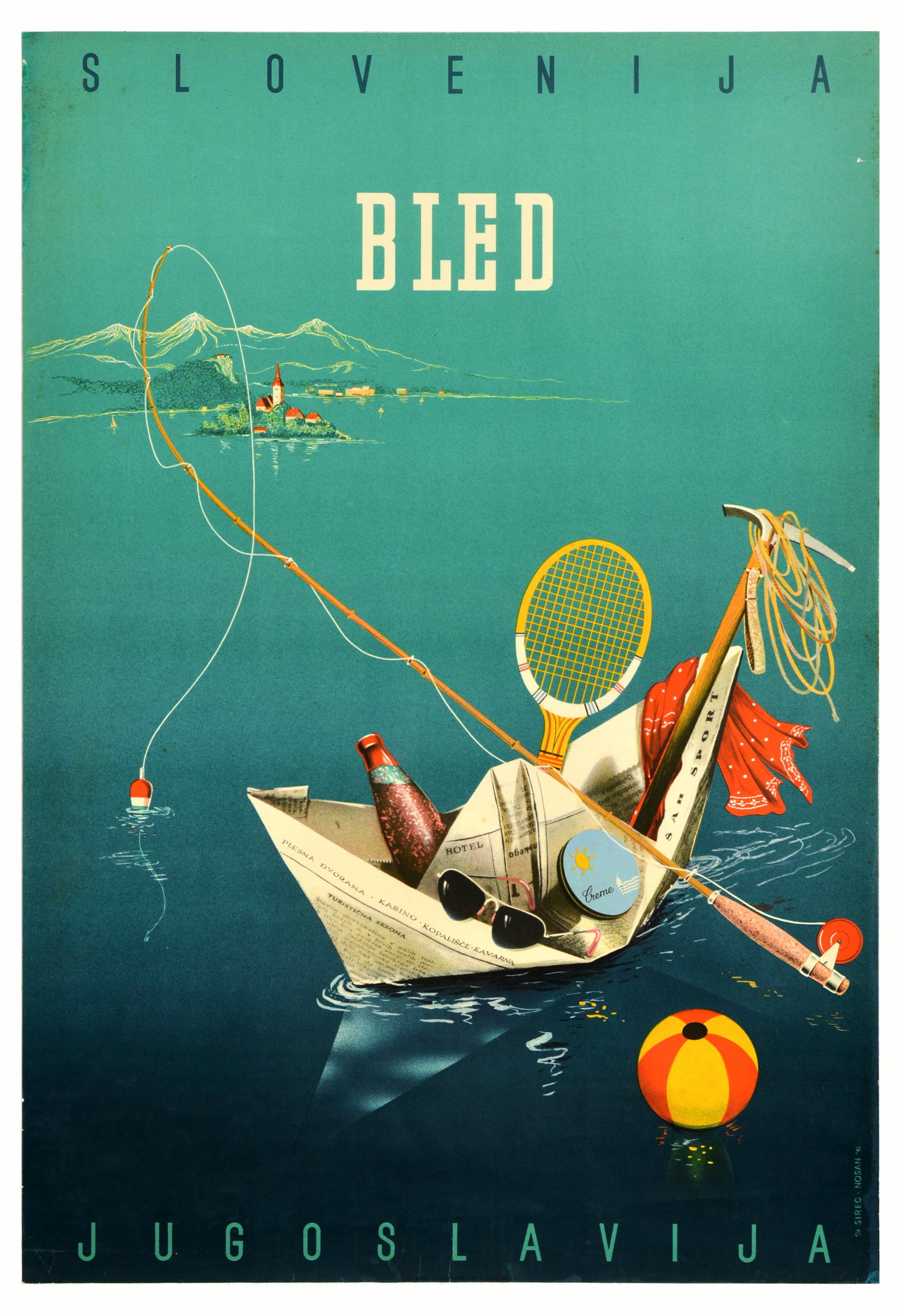 Travel Poster Bled Slovenia Yugoslavia Sport: Original vintage travel poster for Bled Slovenija Jugoslavija / Slovenia Yugoslavia featuring a great design depicting an origami boat made out of news paper with various items in it representing the 
