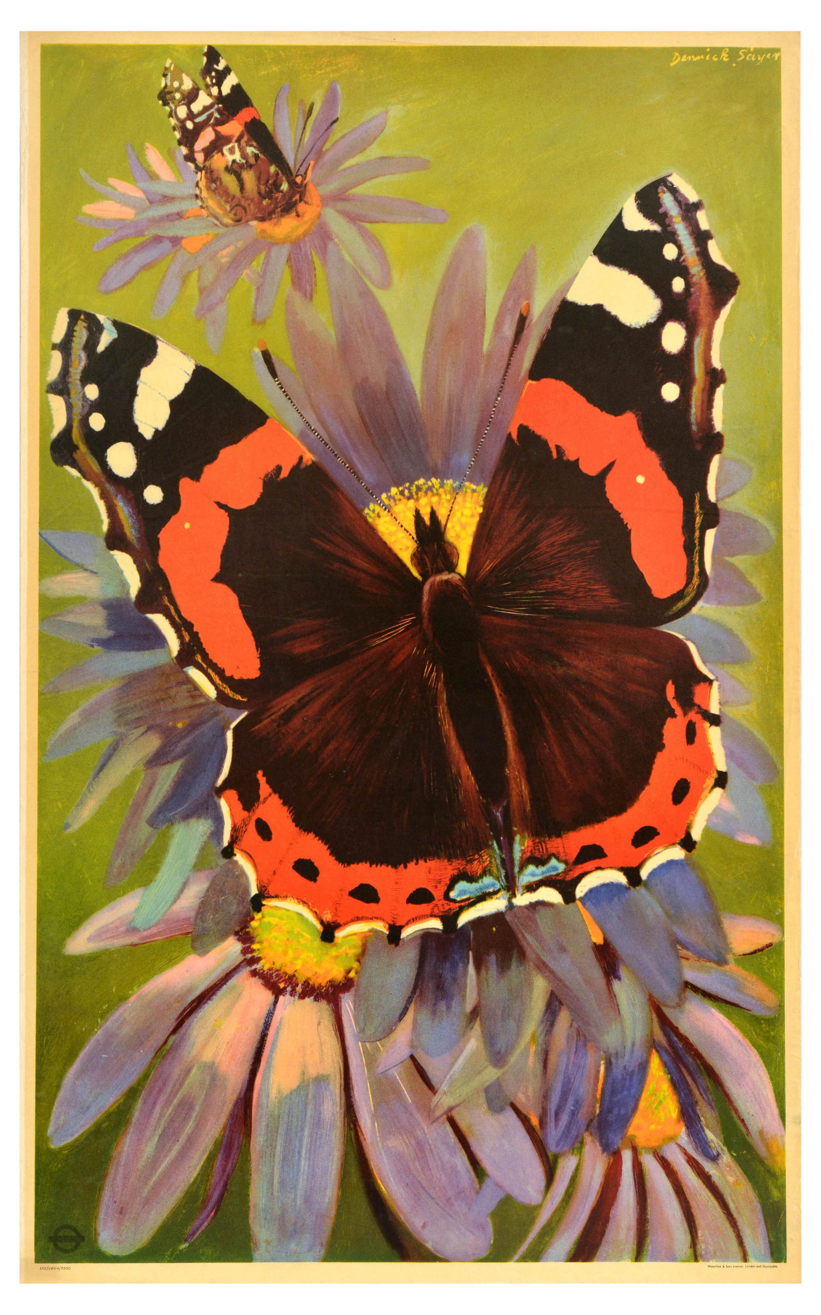 Travel Poster Butterflies London Underground Transport Derrick Sayer: Two original vintage London Transport travel posters issued as a pair - Butterflies by London Transport. 1. Bright yellow image of a butterfly set over green and white background, the text with sugges
