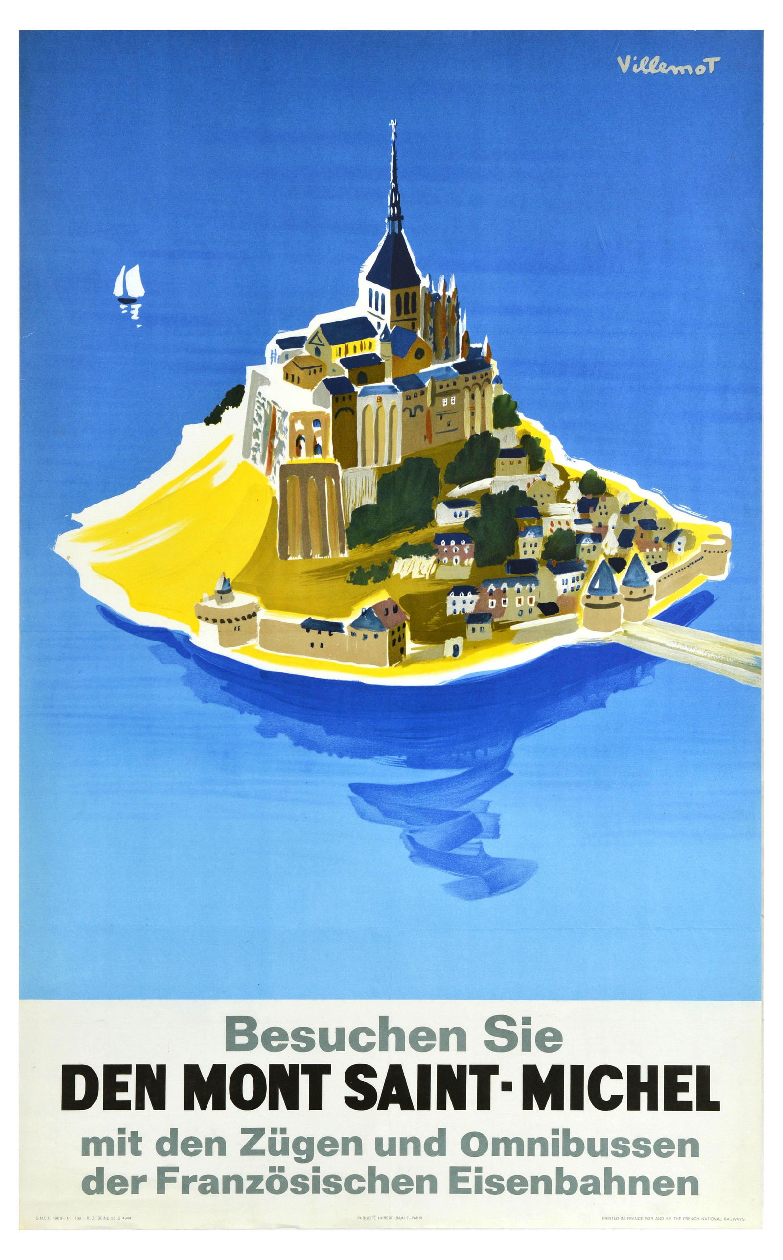 Travel Poster Mont Saint Michel Normandy Villemot: Original vintage railway travel poster - Visit Mont Saint Michel by train and coach - Besuchen Sie Den Mont Saint-Michel - featuring colourful artwork by the renowned graphic artist Bernard Villemot (