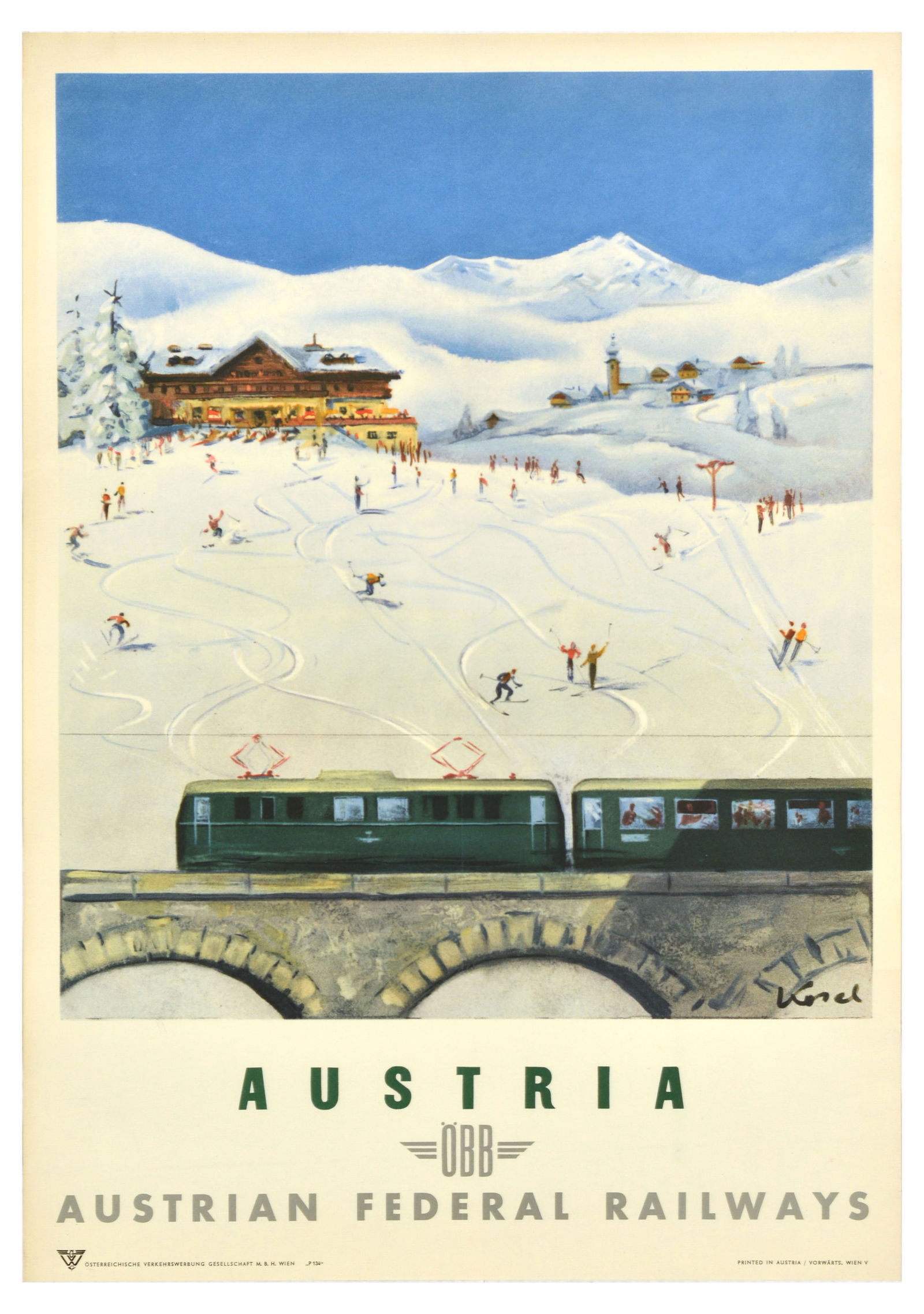 Ski Poster Ski Austria Autriche OBB Railways: Original vintage winter sport and ski travel poster - Autriche OBB Chemins de Fer Federaux Autrichiens / Austria OBB Austrian Federal Railways - featuring skiers on a snowy hill skiing down and taking