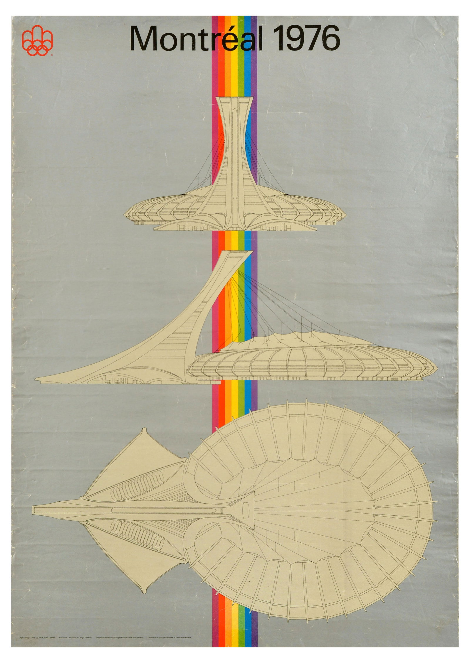 Sport Poster Montreal Stadium Summer Olympic Games Canada 1976: Original vintage sports advertising poster for the Summer Olympic Games 1976 held in Montreal featuring the design of the stadium created by Roger Taillibert set over a rainbow on a grey background. T