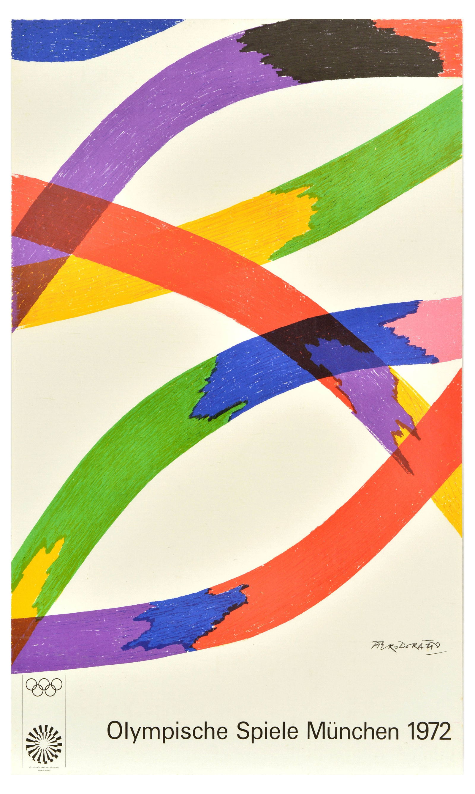 Sport Poster Munich Olympics 1972 Colourful Lines Piero Dorazio: Original vintage sport poster for the 1972 Summer Olympic Games held from 26 August to 11 September 1972 in Munich Germany featuring an abstract design by the Italian artist Piero Dorazio (1927-2005)