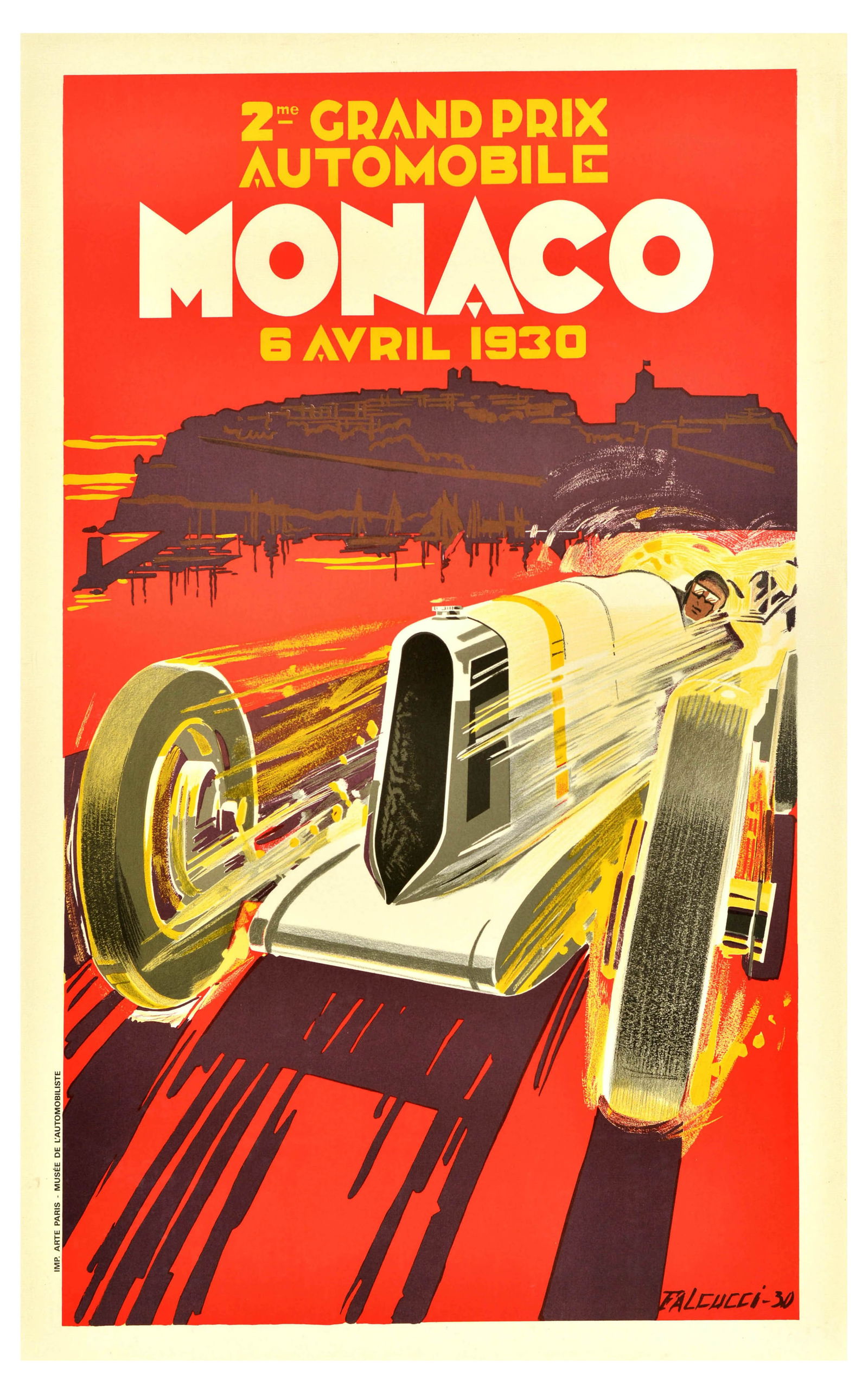 Sport Poster Monaco 1930 France Grand Prix Formula One Falcucci: Official vintage reproduction poster for the 1930 2nd Monaco Grand Prix which took place on 6 April - Bold Art Deco design by Robert Falcucci (1900-1989) features a car racing on a red track with Mont