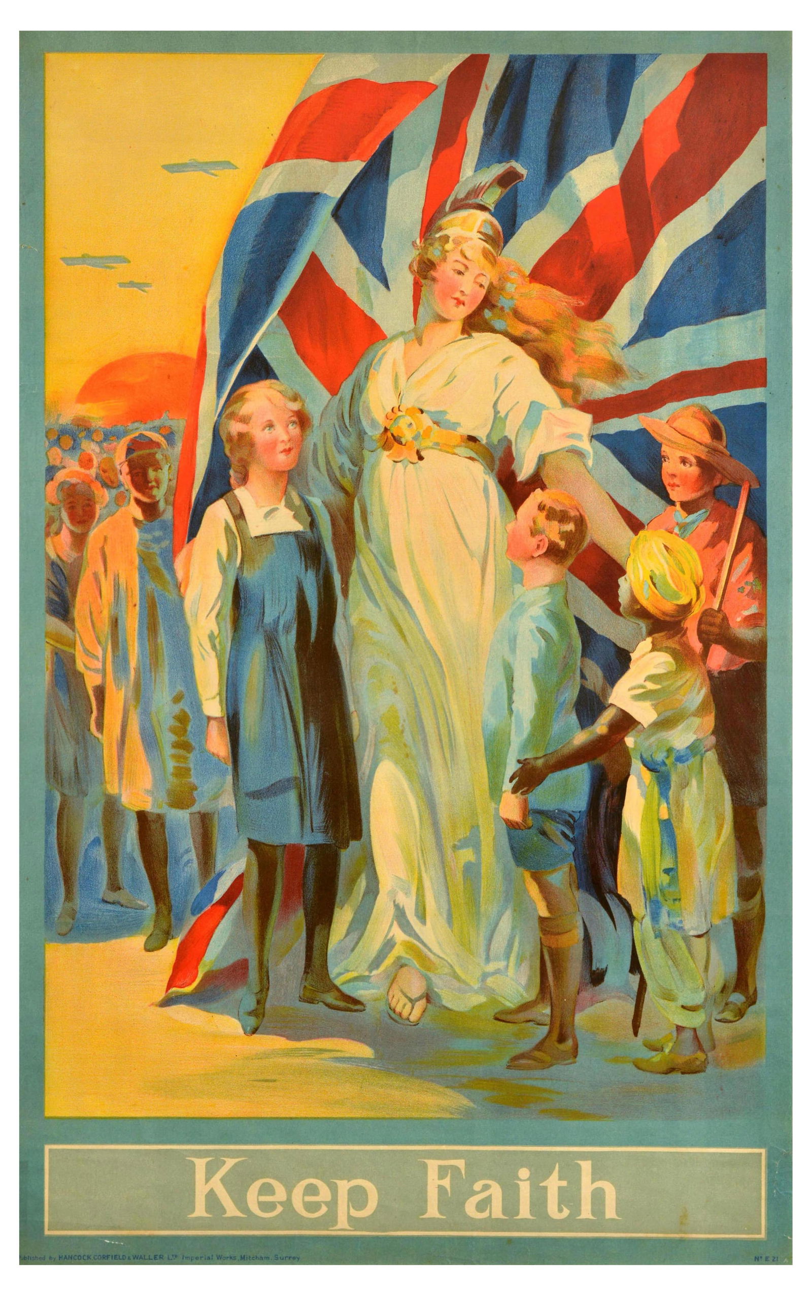 Propaganda Poster Keep Faith Britannia Union Jack: Original antique poster - Keep Faith - Design features the national personification of Britain, Britannia, surrounded by children and a large Union Jack flag with a sunrise in the background. Publishe