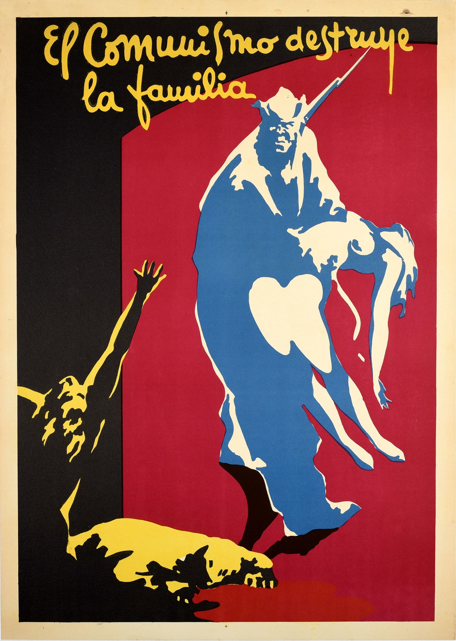 Propaganda Poster Communism Destroys The Family Spanish Civil War: Original vintage Spanish Civil War era propaganda poster - Communism Destroys the Family / El Comunismo Destruye la Familia - featuring an images in shadows depicting a soldier carrying away a lady wi