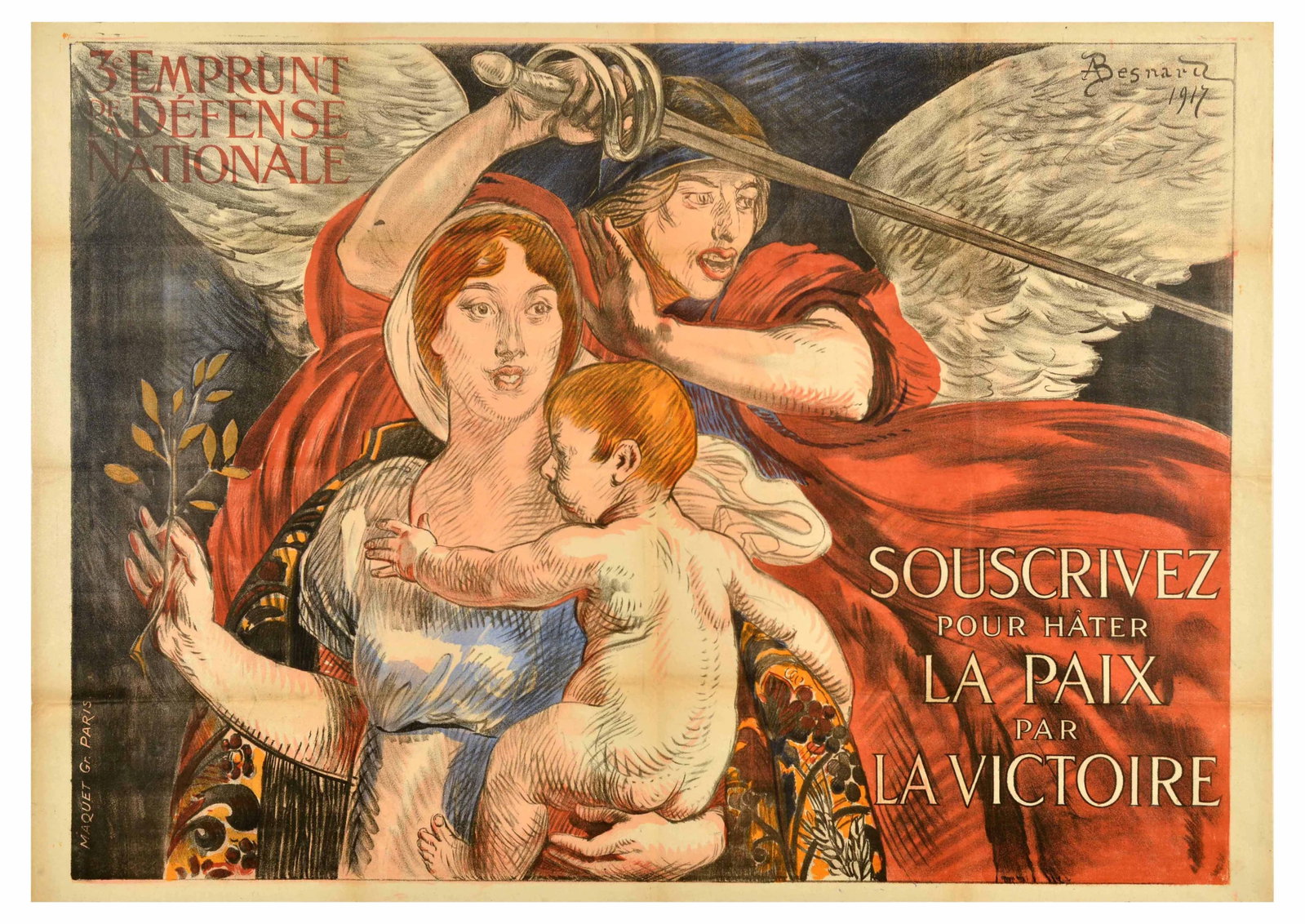 War Poster National Defence Loan WWI Peace Through Victory: Original antique World War One propaganda poster inviting to buy war bonds - 3rd National Defense Loan / 3e Emprunt de la Defense Nationale - featuring a dynamic illustration of a lady in blue dress h