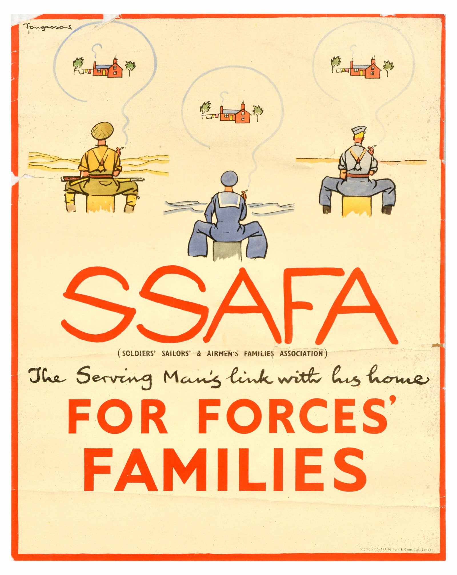 War Poster SSAFA For Forces Families WWII Fougasse: Original vintage World War Two poster - SSAFA Soldiers' Sailors' & Airmen's Families Association - The Fighting Man's link with his home. For Forces' Families Flag Day, September 3rd - featuring an il