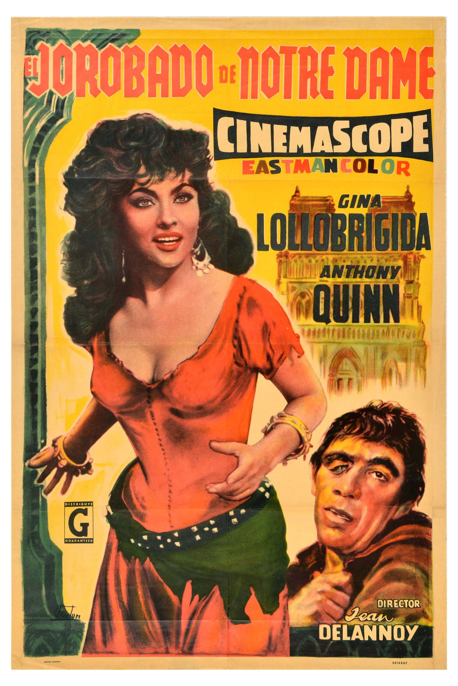 Movie Poster Hunchback Notre Dame Film: Original vintage film poster for 1956 movie The Hunchback of Notre Dame / El Jorobado De Notre Dame presented in CinemaScope Eastman Color and directed by Jean Delannoy starring Gina Lollobrigida and 