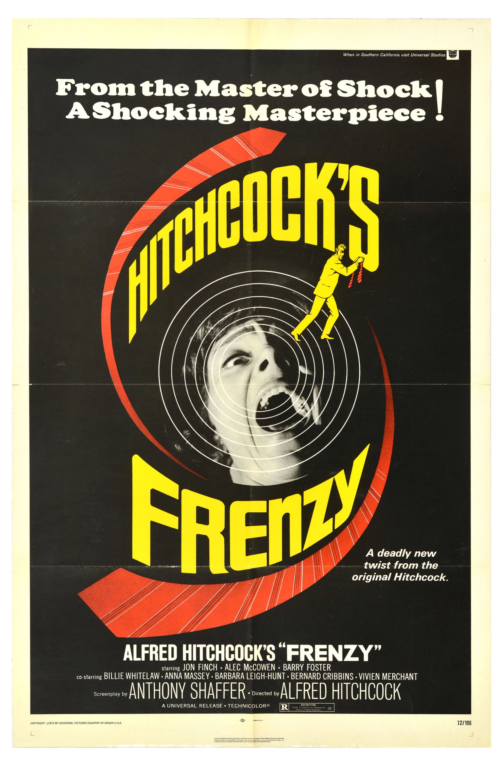 Movie Poster Hitchcock Frenzy: Original vintage movie poster for the Alfred Hitchcock film Frenzy starring Jon Finch, Barry Foster and Alec McCowen. Dynamic design featuring a black and white photo of a screaming lady behind white 