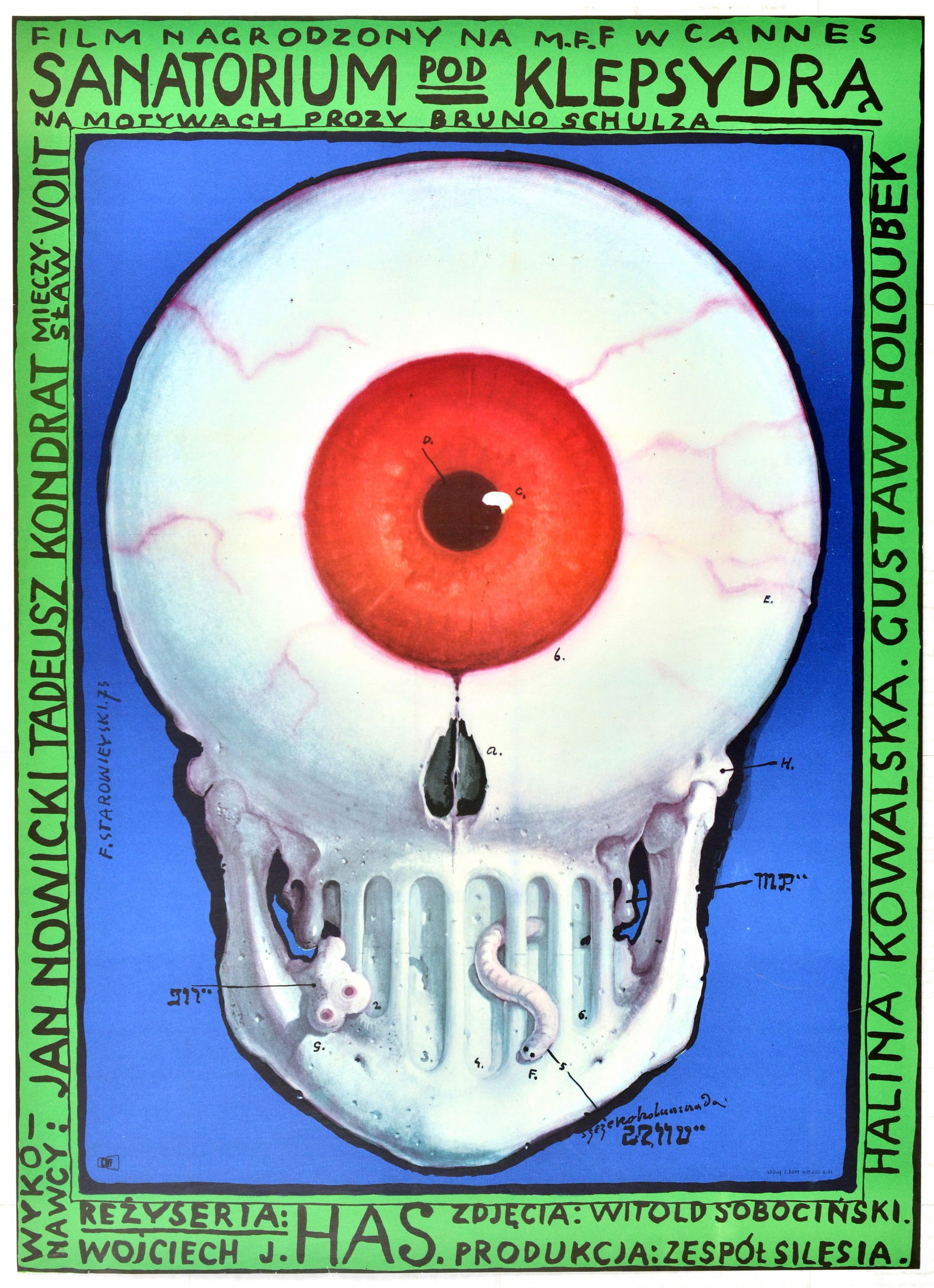 Movie Poster Sanatorium Pod Klepsydra Skull Polish Design: Original vintage Polish film poster for Sanatorium Pod Klepsydra / The Hourglass Sanatorium - a 1973 Polish film directed by Wojciech Jerzy Has, starring Jan Nowicki, Tadeusz Kondrat, Mieczyslaw Voit,