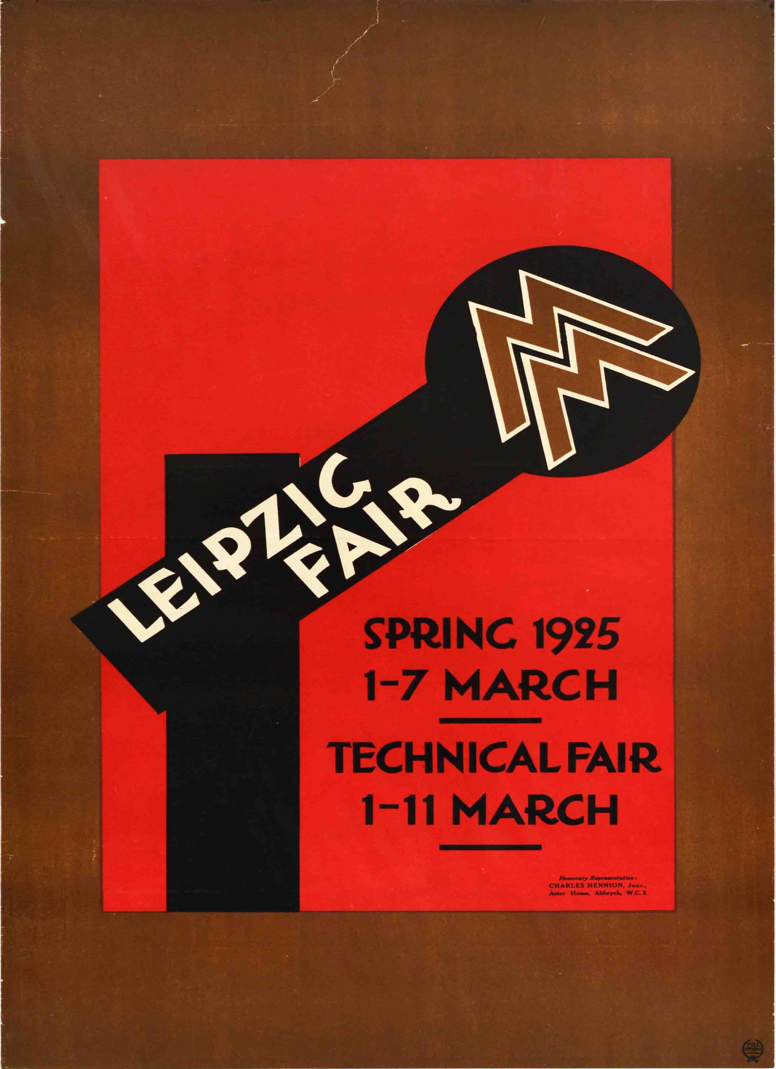 Advertising Poster Leipzig Fair Bauhaus 1925 Technical Fair Germany: Original vintage advertising poster designed in Bauhaus style for the Leipzig Fair Spring 1925 1-7 March Technical Fair 1-11 March, featuring a minimalist design with the double ‘M’ trade fair log