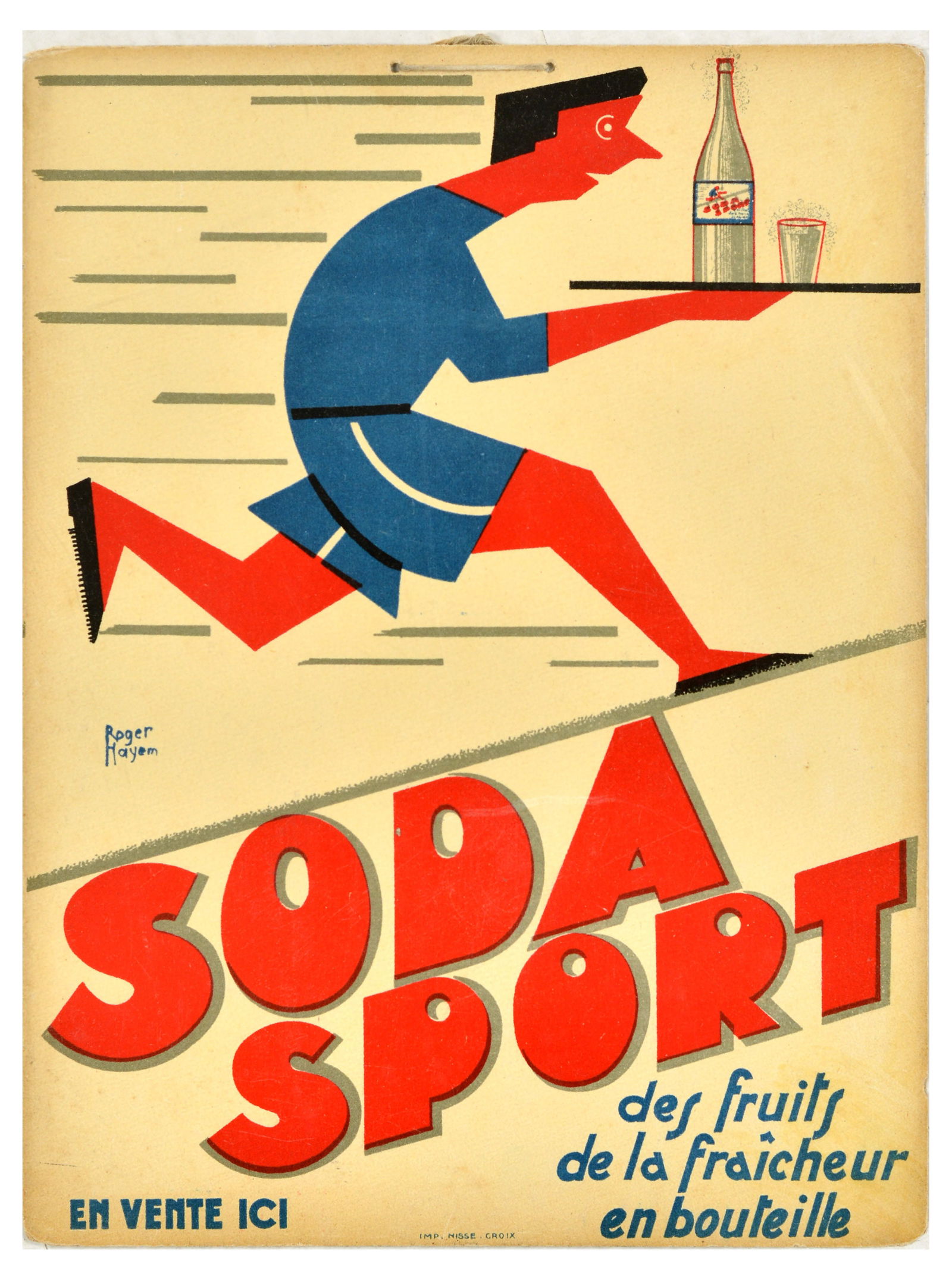 Advertising Poster Soda Sport Art Deco Fruit Drink: Original vintage drink advertising poster for Soda Sport featuring an illustration of a running man with a bottle and a glass on a tray, the caption below reads - Soda Sport fruit freshness in a bottl