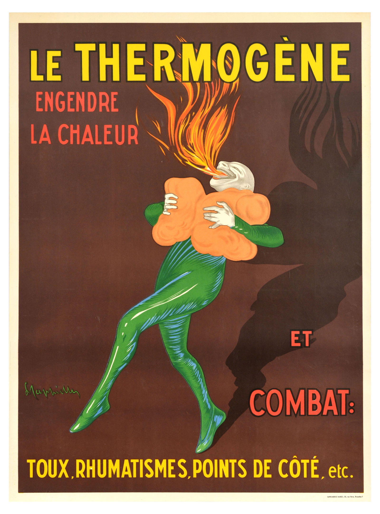 Advertising Poster Le Thermogene Leonetto Cappiello Belgium: Original vintage advertising poster by the renowned poster artist Leonetto Cappiello (1875-1942): Le Thermogene engendre la chaleur et combat toux, rhumatismes, points do cotes / Thermogene pads that