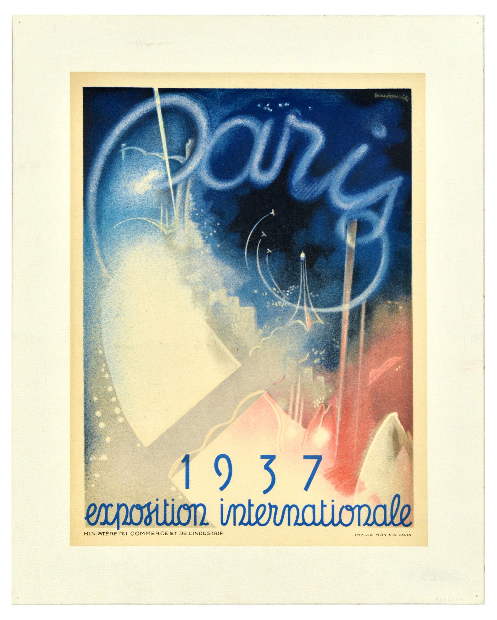 Advertising Poster Paris Exposition Art Deco Eiffel Tower Beaudoin: Original vintage advertising poster for the Paris Exposition Internationale / Paris World's Fair, featuring a stunning illustration of the Eiffel Tower seen through clouds, and the planes writing Pari