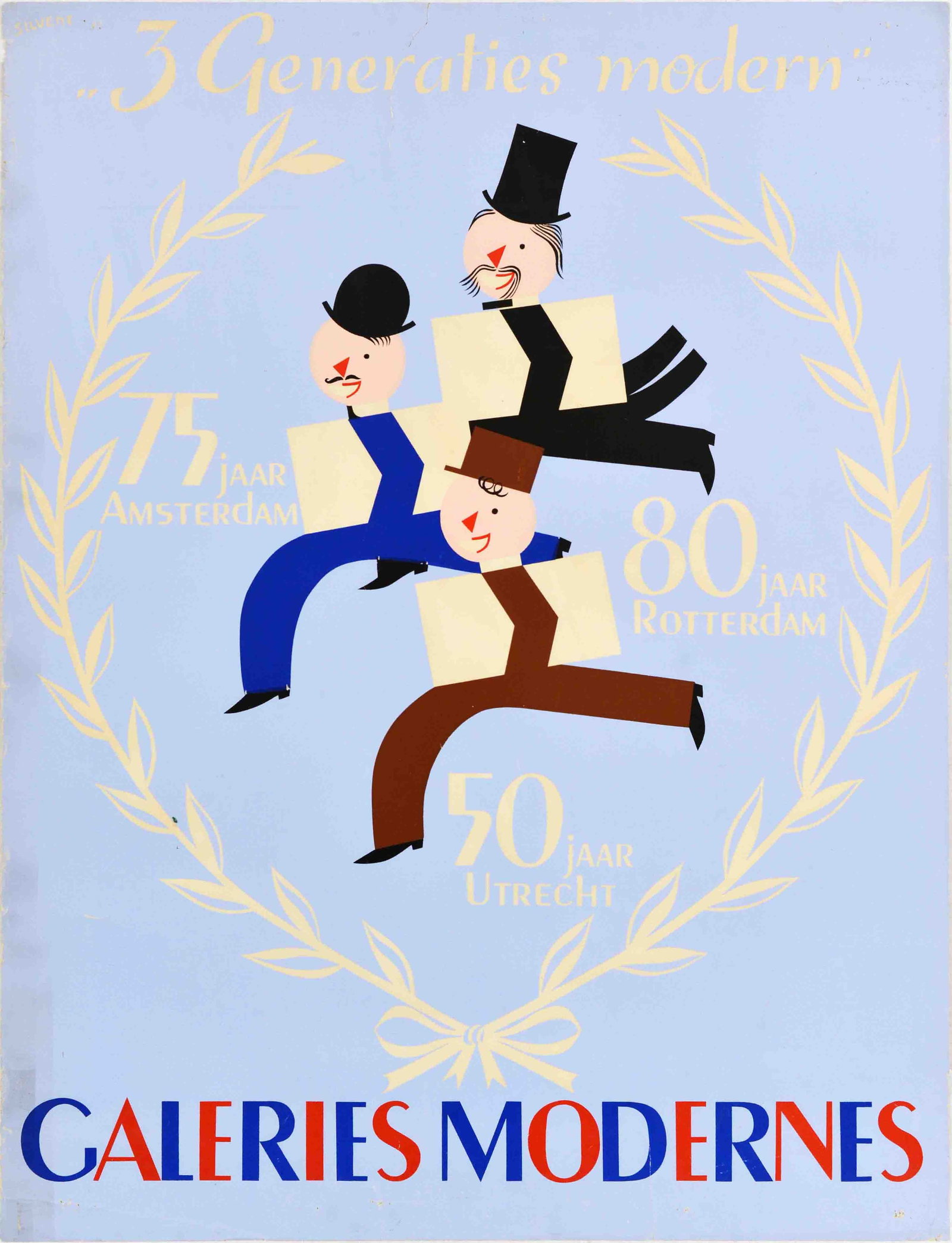 Advertising Poster Galeries Modernes Modern Art Exhibition: Original vintage advertising poster for 3 Generaties Modern 75 Jaar Amsterdam 80 Jaar Rotterdam 50 Jaar Utrecht / 3 Generations Modern 75 Years Amsterdam 80 Years Rotterdam 50 Years Utrecht exhibition