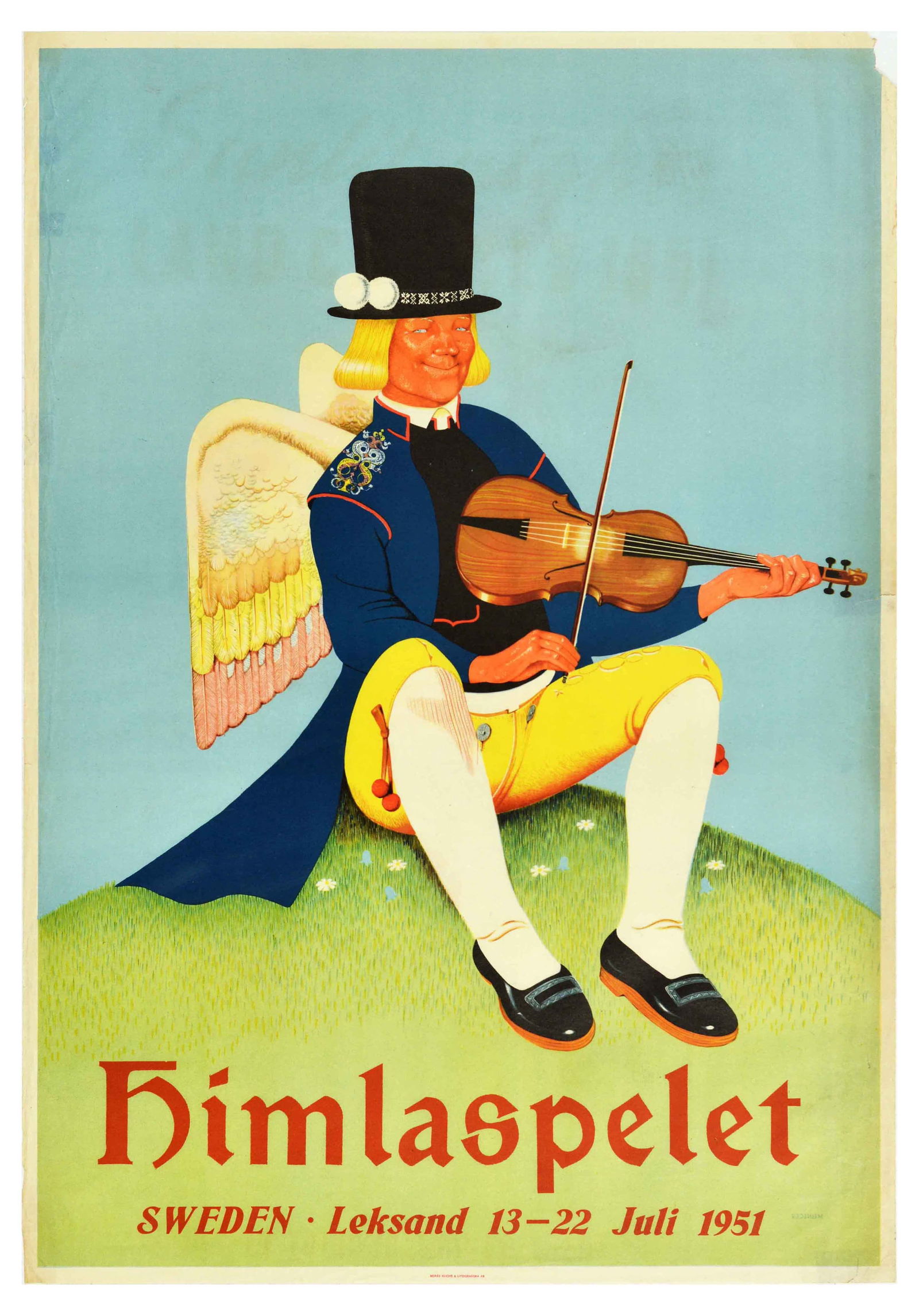 Advertising Poster Himlaspelet Leksand Sweden Heavenly Play Angel Violin: Original vintage advertising poster for Himlaspelet play / The Heavenly Play in Leksand, Sweden 13-22 July 1951, tge poster features an illustration of a gentleman in traditional Swedish clothing comp