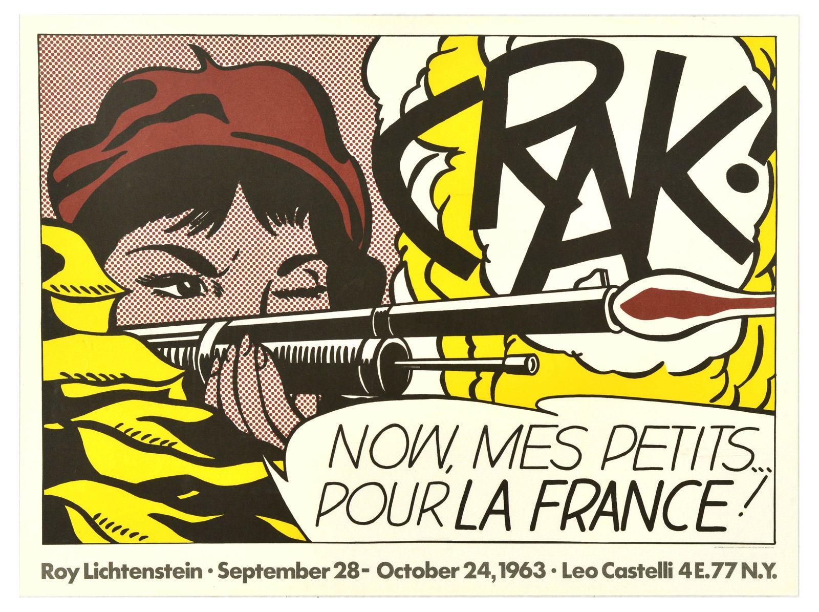 Advertising Poster Roy Lichtenstein For France Pop Art Exhibition: Original vintage advertising poster for Roy Lichtenstein artwork exhibition that took place from September 28 - October 24, 1963, at Leo Castelli New York, featuring a pop-art illustration of a lady i