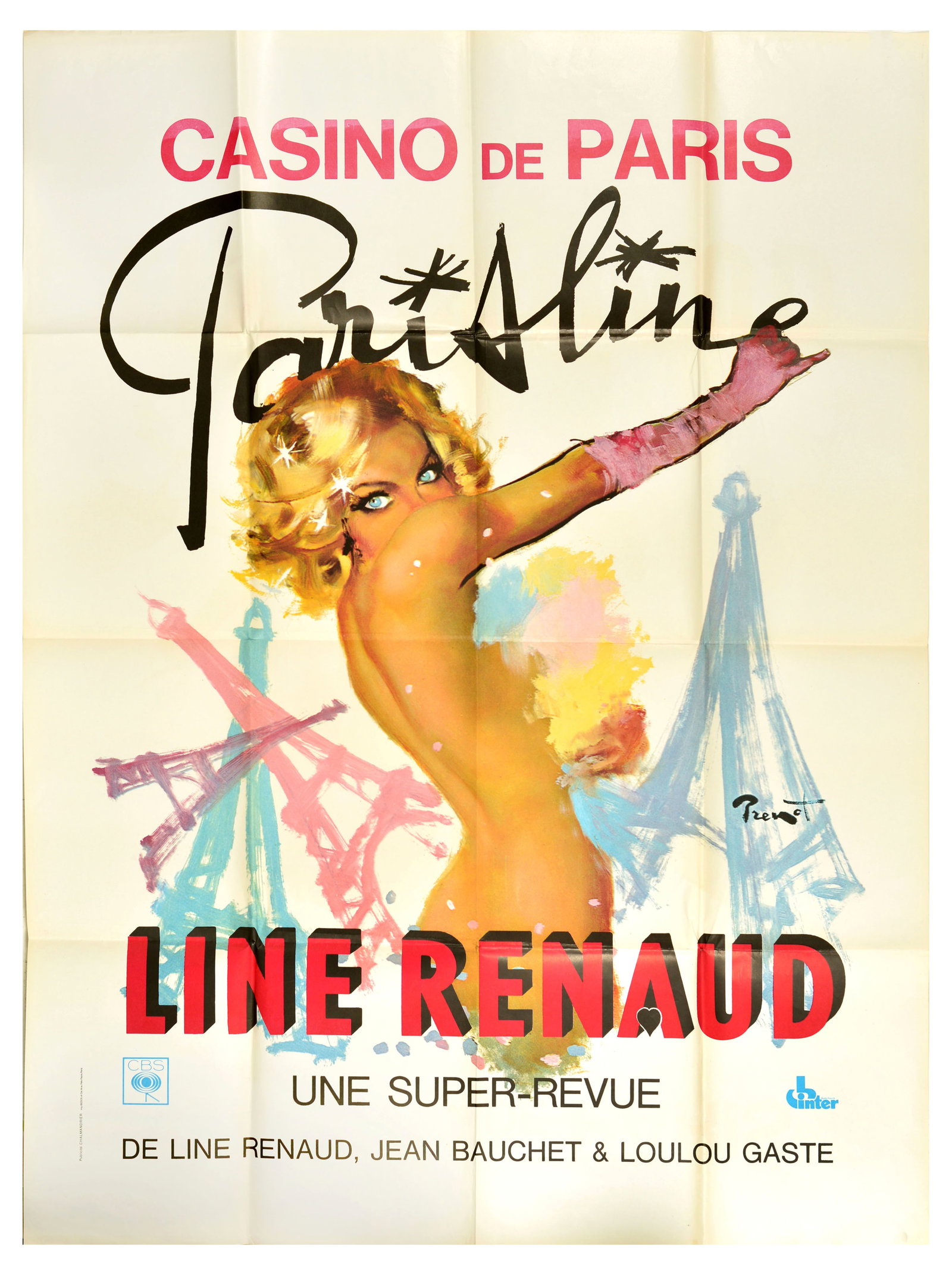 Advertising Poster Paris Line Renaud Casino De Paris: Original vintage advertising poster for Paris Line cabaret show by Line Renaud, Jean Bauchet and Loulou Gaste at the Casino de Paris featuring a colourful illustration of a nude lady in pink gloves st