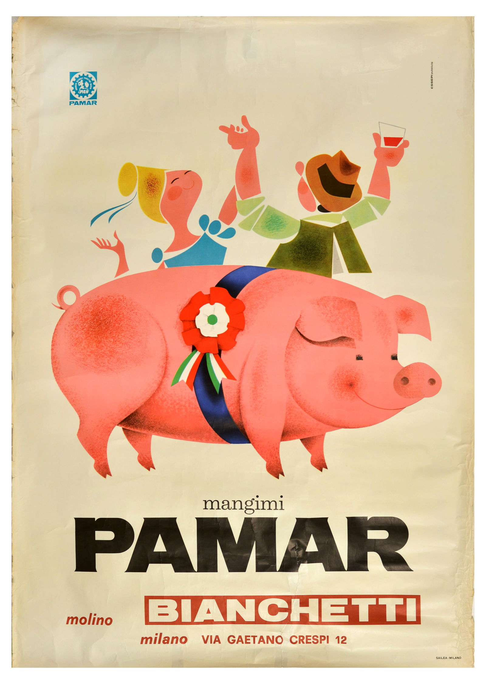 Advertising Poster Pamar Feed Mill Bianchetti Milan Italy Pig: Original vintage advertising poster for Pamar feed mill Bianchetti / Mangimi Pamar Molino Bianchetti on Via Gaetano Crespi 12 in Milan, Italy, featuring an illustration of a pink smiling pig with a ri