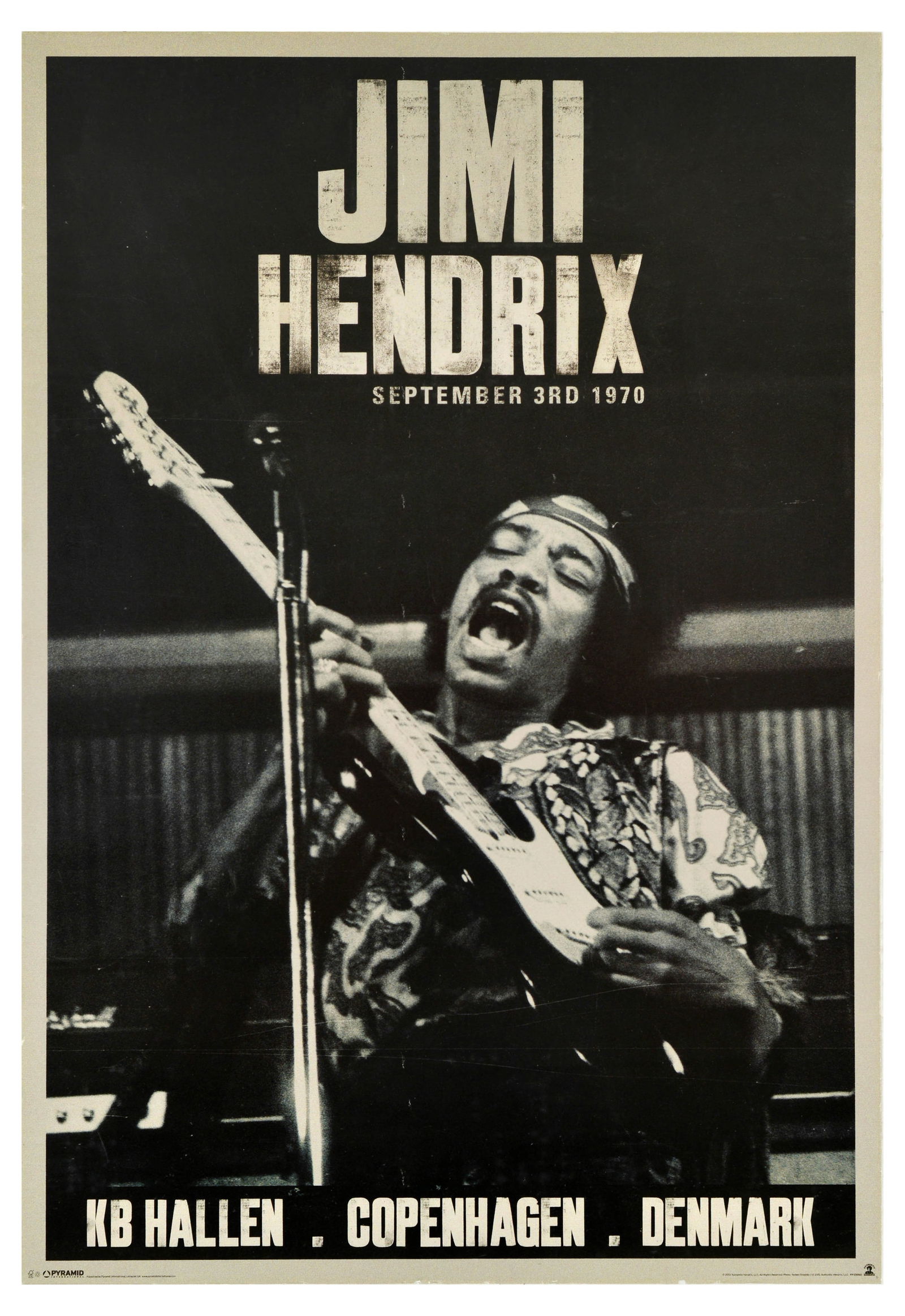 Advertising Poster Jimi Hendrix 1970 Copenhagen Denmark: Original commercial music advertising poster for Jimi Hendrix The Cry of Love Tour concert that took place on 3 September 1970 in KB Hallen, Copenhagen, Denmark featuring a dynamic image of Jimi Hendr