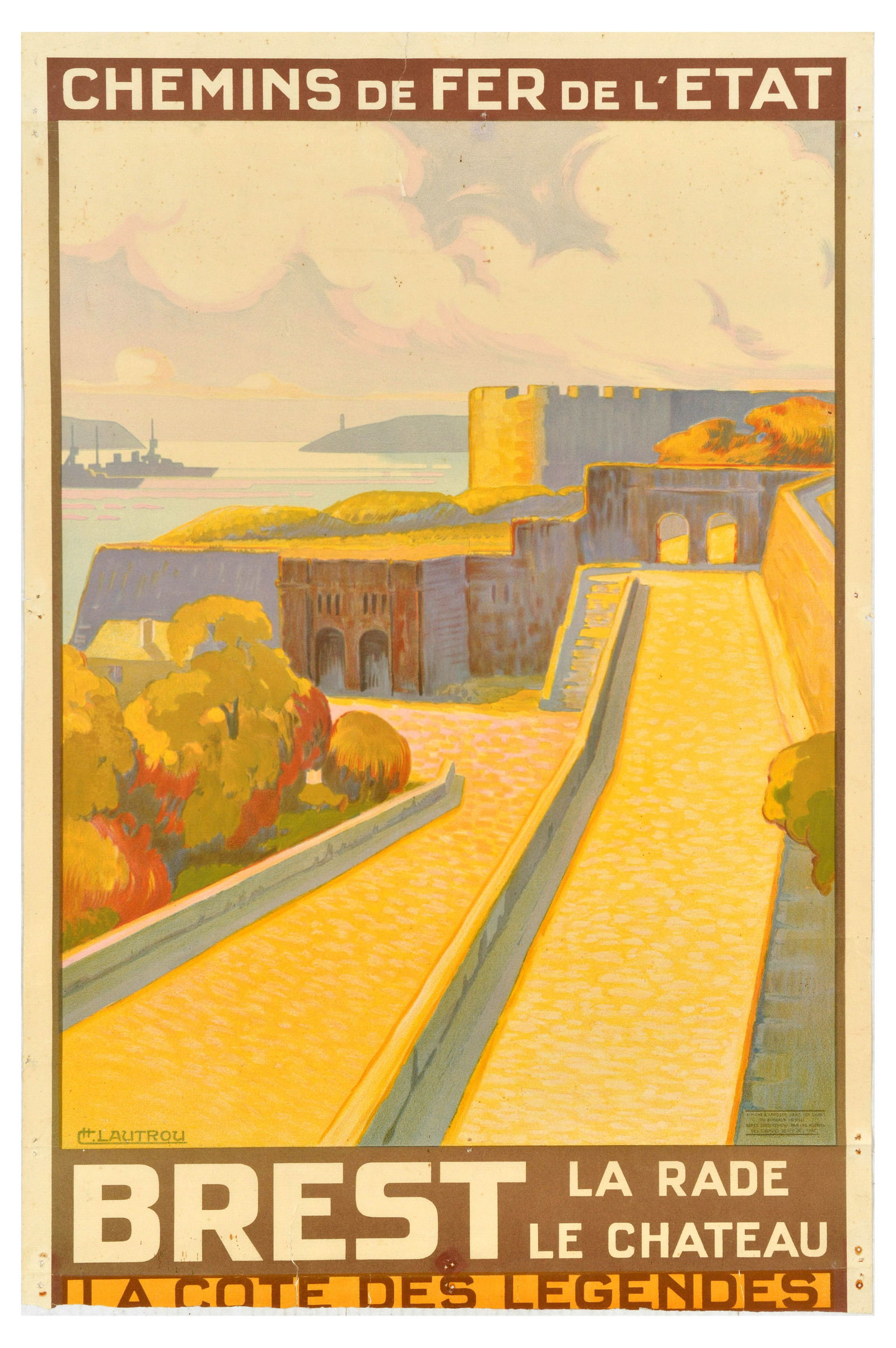 Travel Poster Brest SNCF French National Railways: Original vintage travel advertising poster by SNCF National French Railways Chemins de Fer de l'Etat for Brest, featuring a great design depicting Brest Castle on the river Penfeld with white clouds i