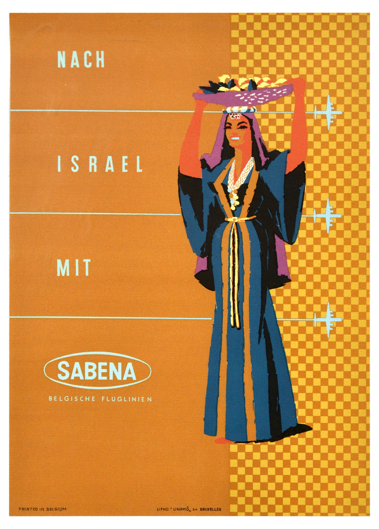 Travel Poster Israel Sabena Belgian Airlines Belgium: Original vintage travel advertising poster - Nach Israel mit Sabena / To Israel by Sabena (the national airline of Belgium from 1923-2001), featuring a mid-century design showing a smiling lady in tra
